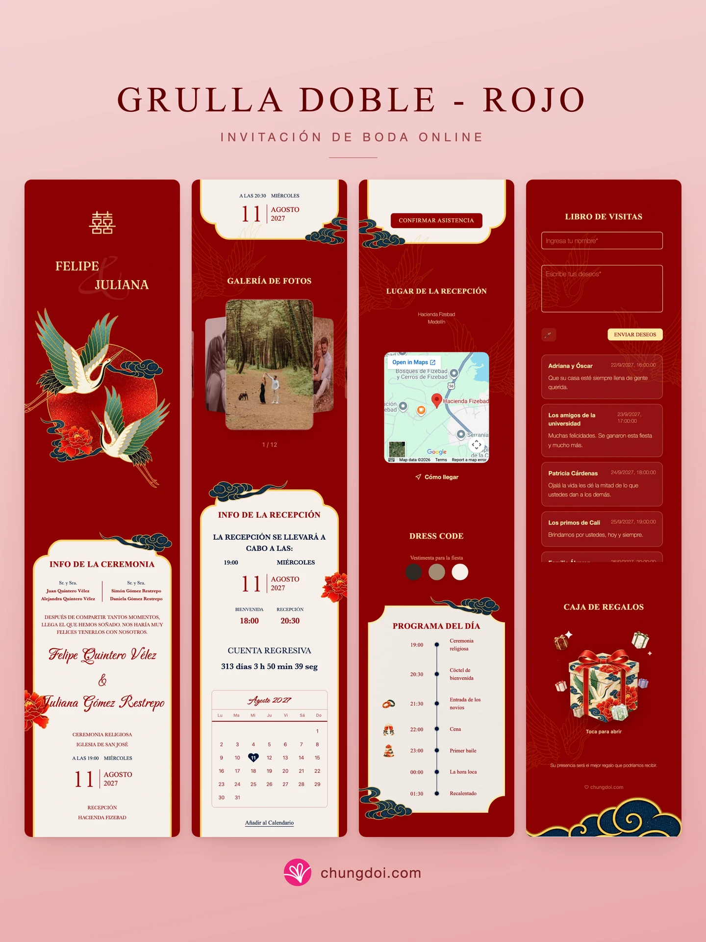 Vista completa de la invitación de boda Grulla Doble - Rojo: sus tres secciones una al lado de la otra