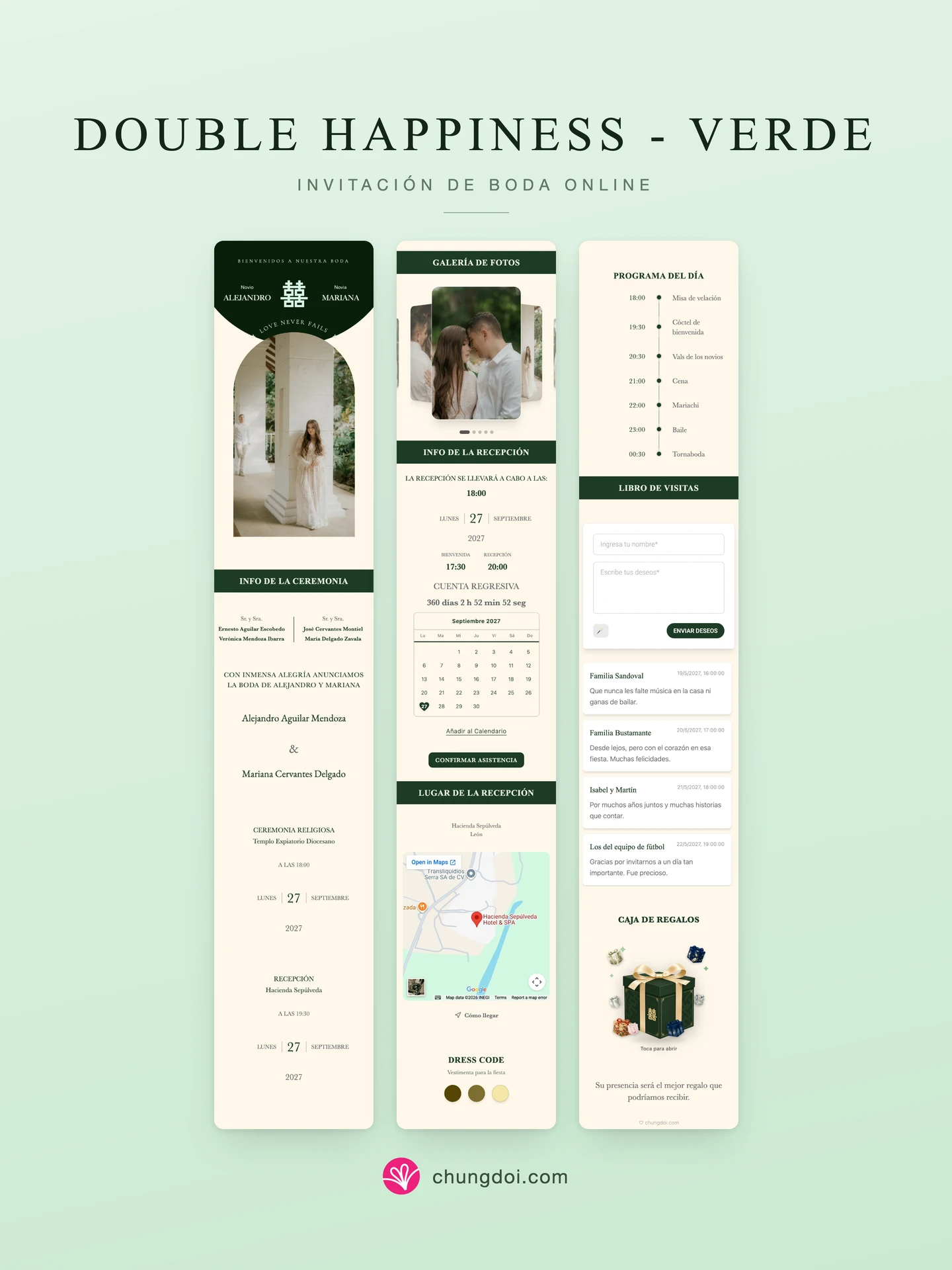 Vista completa de la invitación de boda Double Happiness - Verde: sus tres secciones una al lado de la otra
