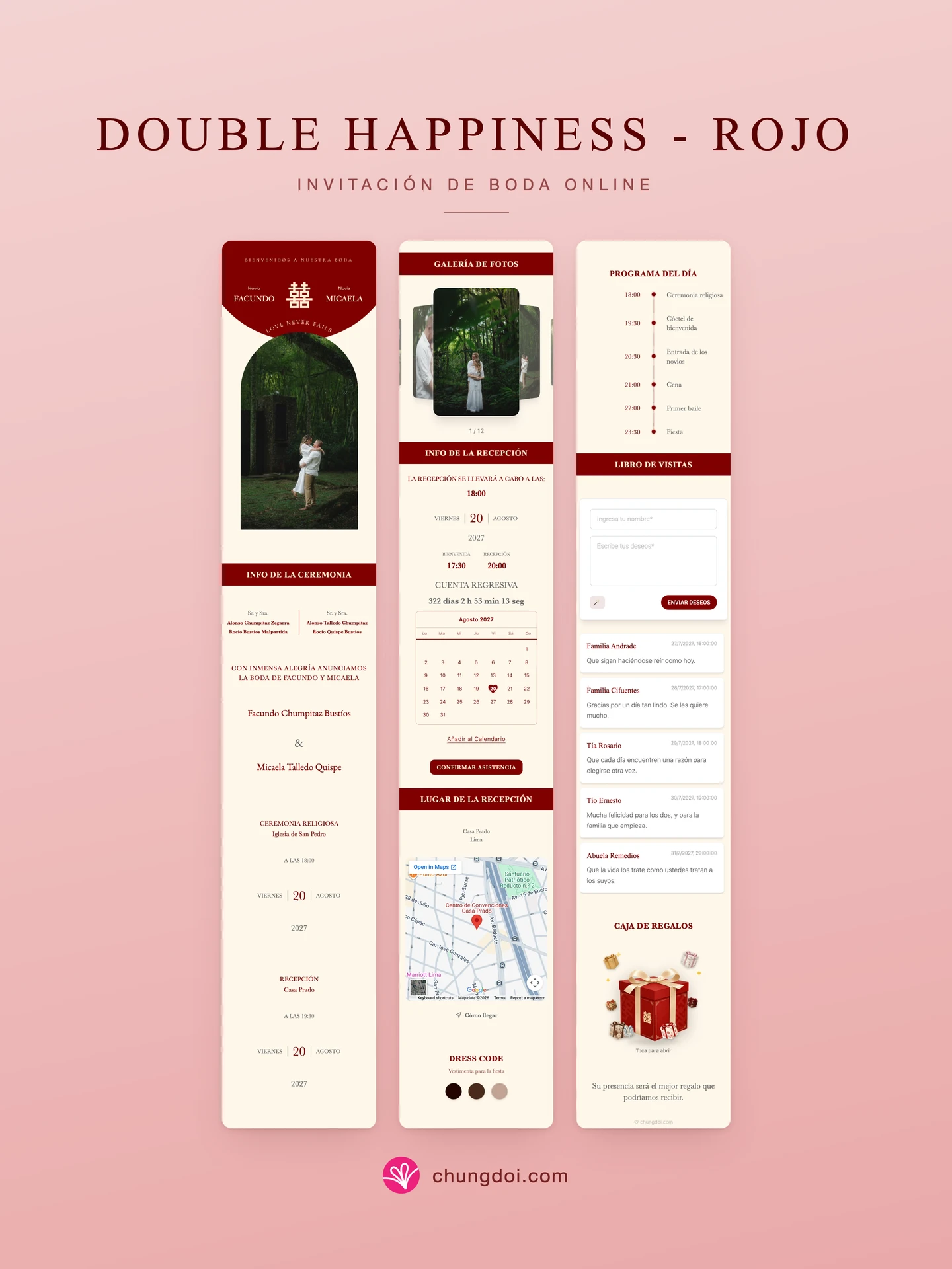 Vista completa de la invitación de boda Double Happiness - Rojo: sus tres secciones una al lado de la otra