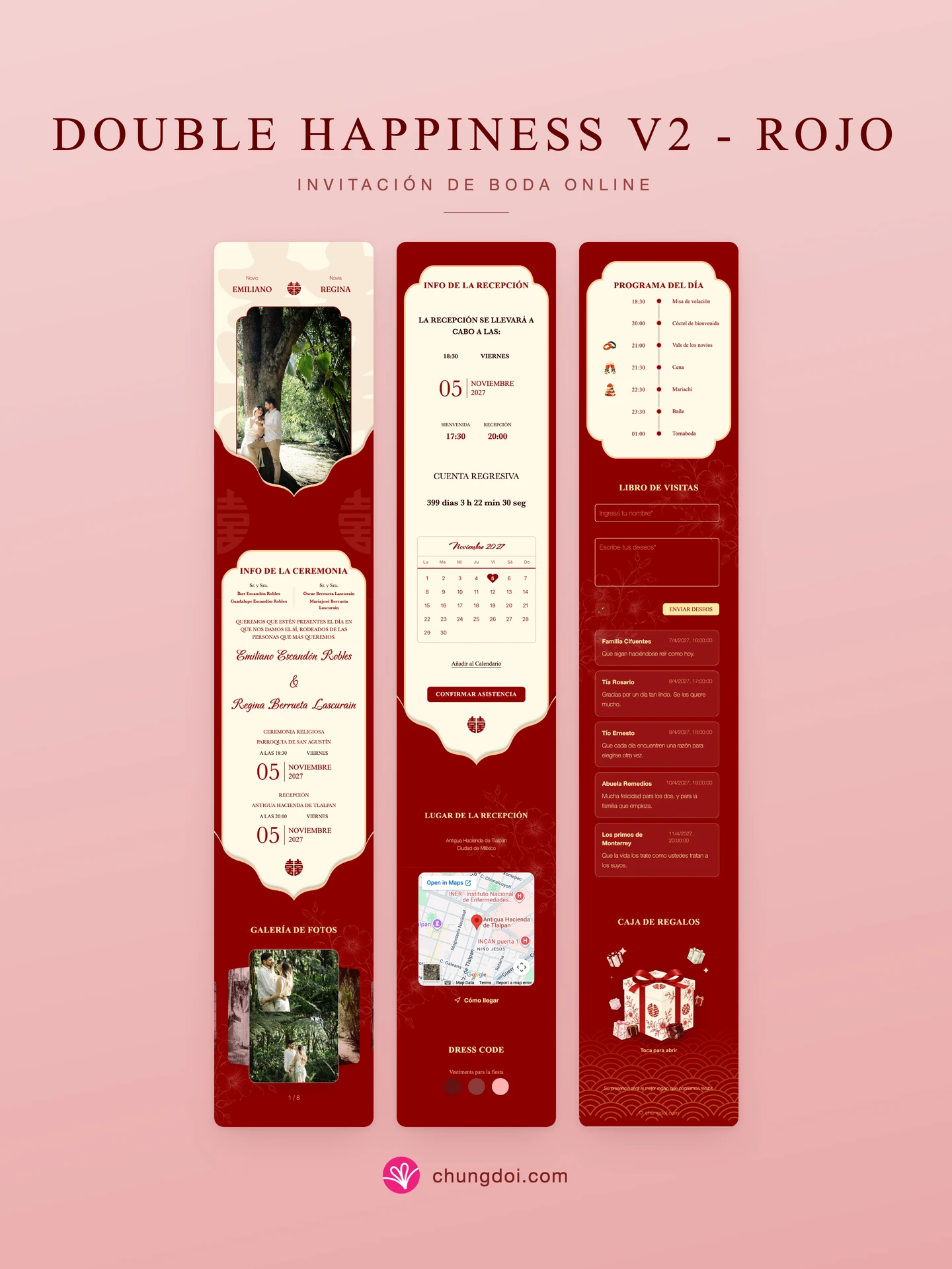 Vista completa de la invitación de boda Double Happiness V2 - Rojo: sus tres secciones una al lado de la otra