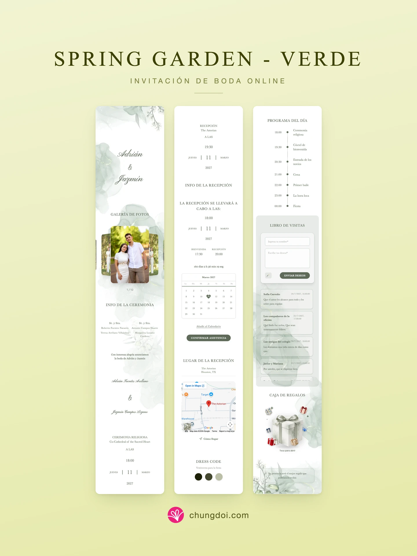 Vista completa de la invitación de boda Spring Garden - Verde: sus tres secciones una al lado de la otra