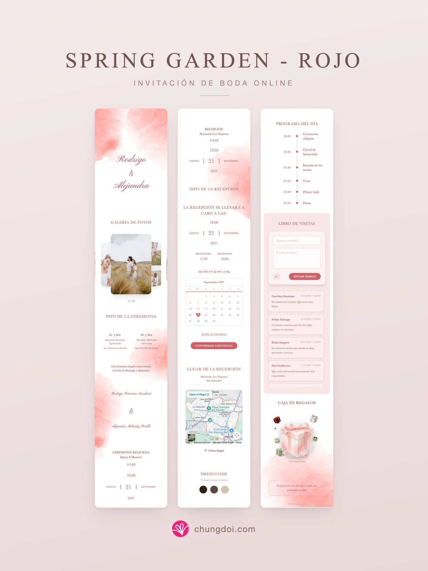 Vista completa de la invitación de boda Spring Garden - Rojo: sus tres secciones una al lado de la otra
