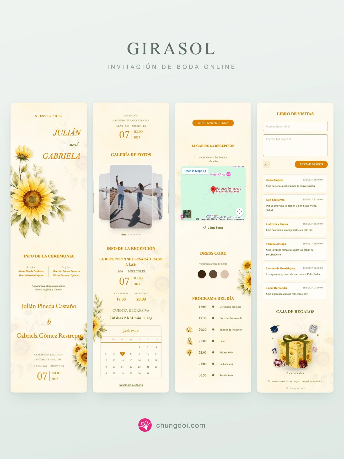 Vista completa de la invitación de boda Girasol: sus tres secciones una al lado de la otra