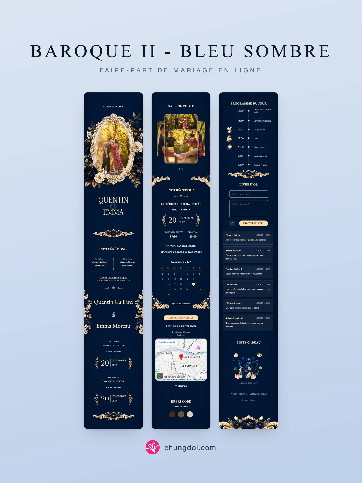 Vue complète du faire-part de mariage Baroque II - Bleu Sombre : ses trois parties côte à côte