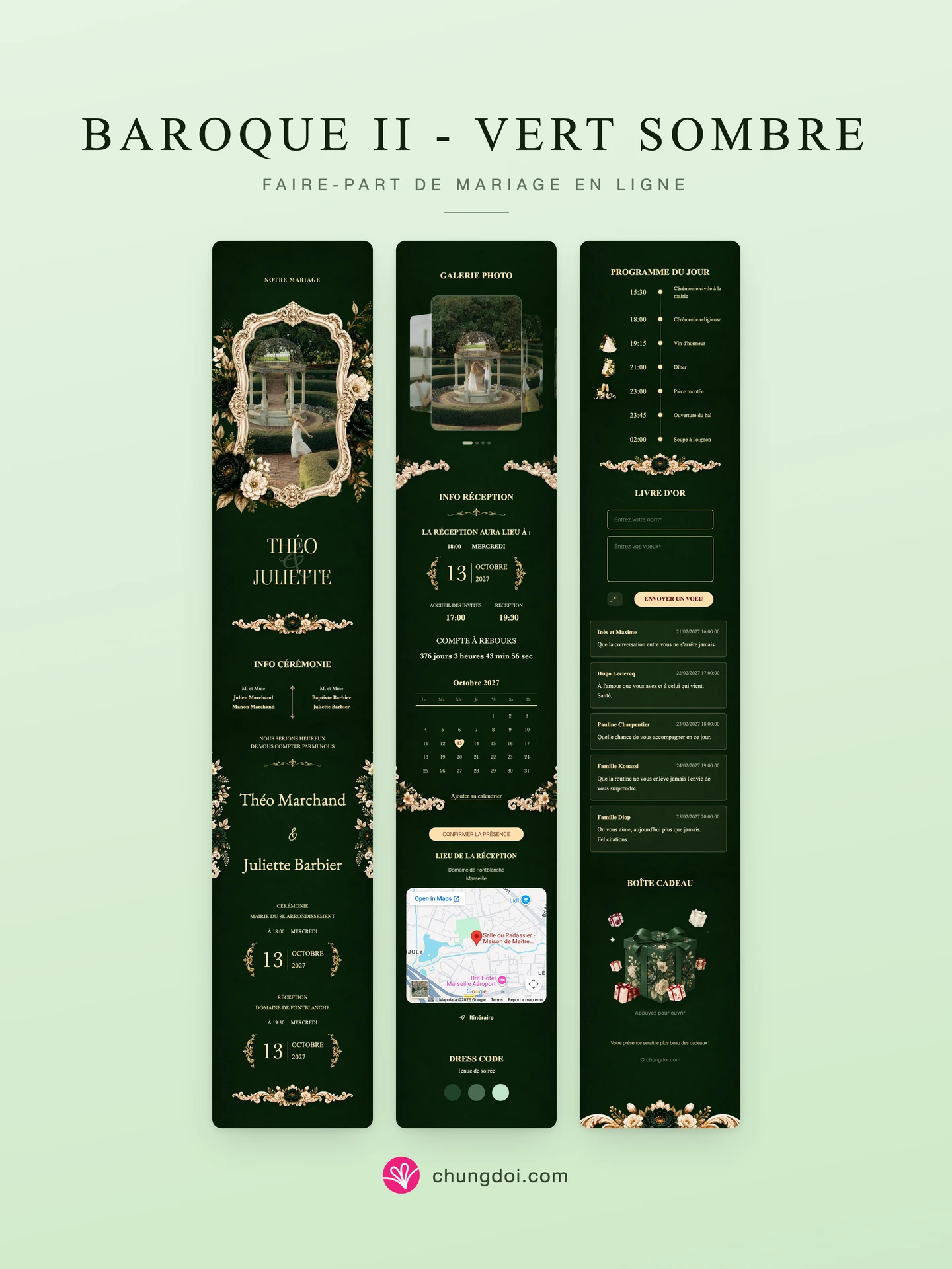 Vue complète du faire-part de mariage Baroque II - Vert Sombre : ses trois parties côte à côte