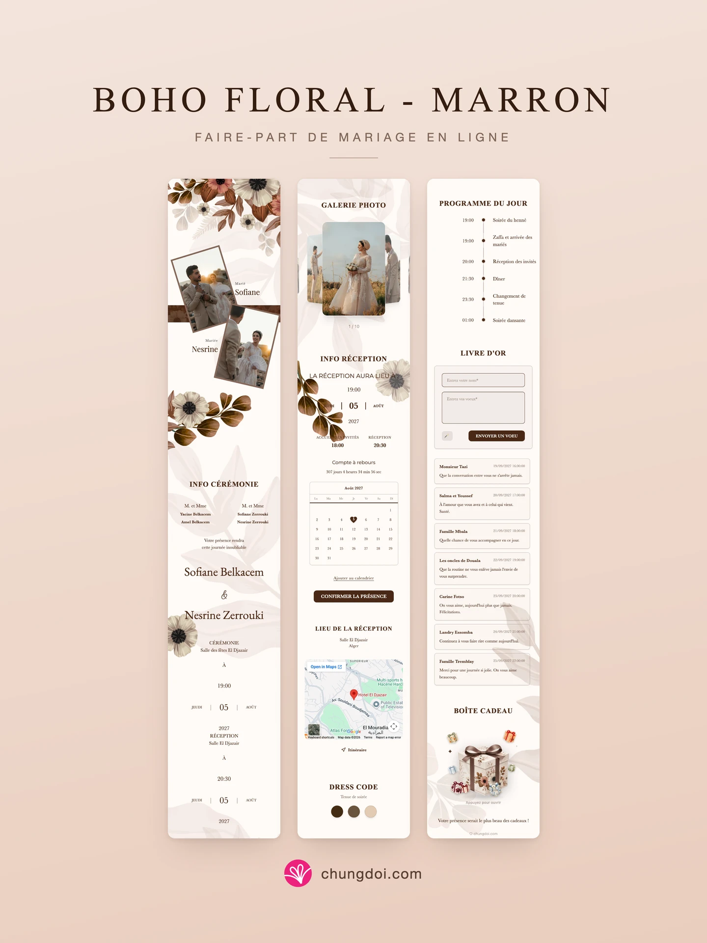 Vue complète du faire-part de mariage Boho Floral - Marron : ses trois parties côte à côte
