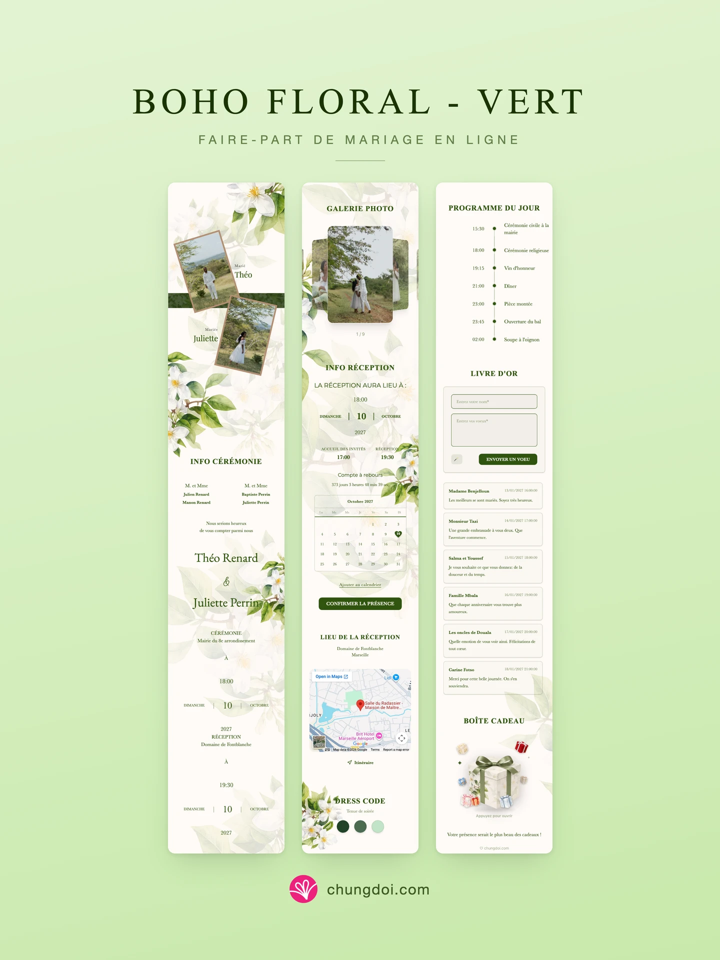 Vue complète du faire-part de mariage Boho Floral - Vert : ses trois parties côte à côte