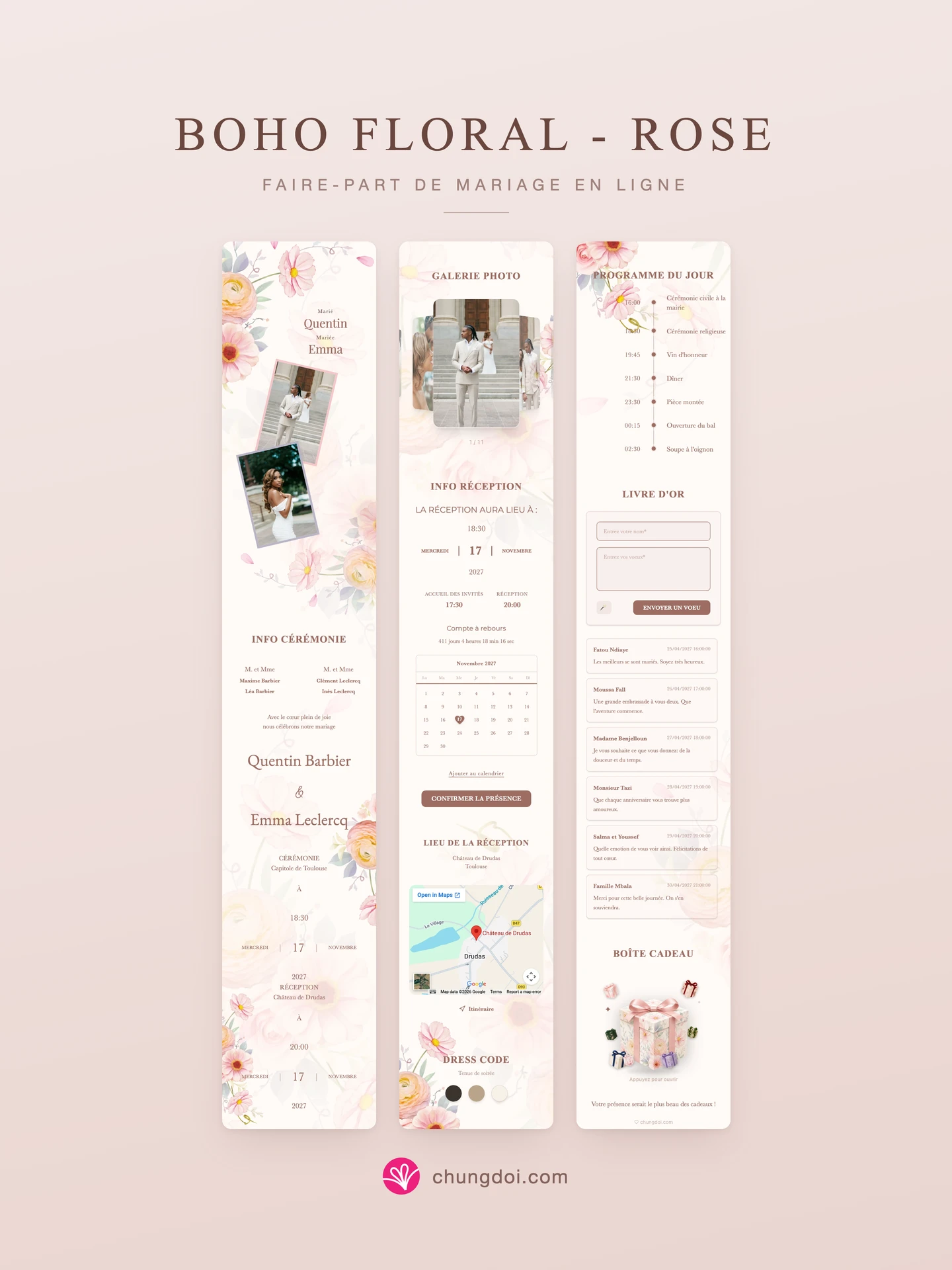 Vue complète du faire-part de mariage Boho Floral - Rose : ses trois parties côte à côte