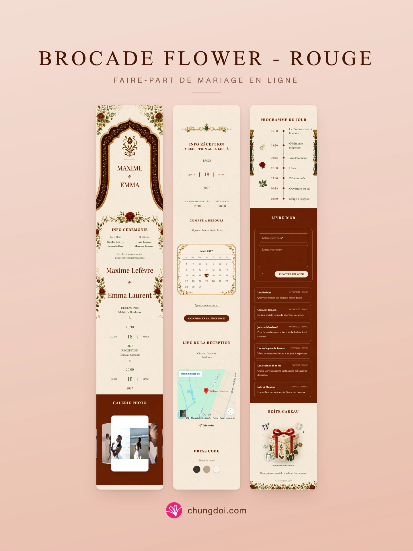 Vue complète du faire-part de mariage Brocade Flower - Rouge : ses trois parties côte à côte