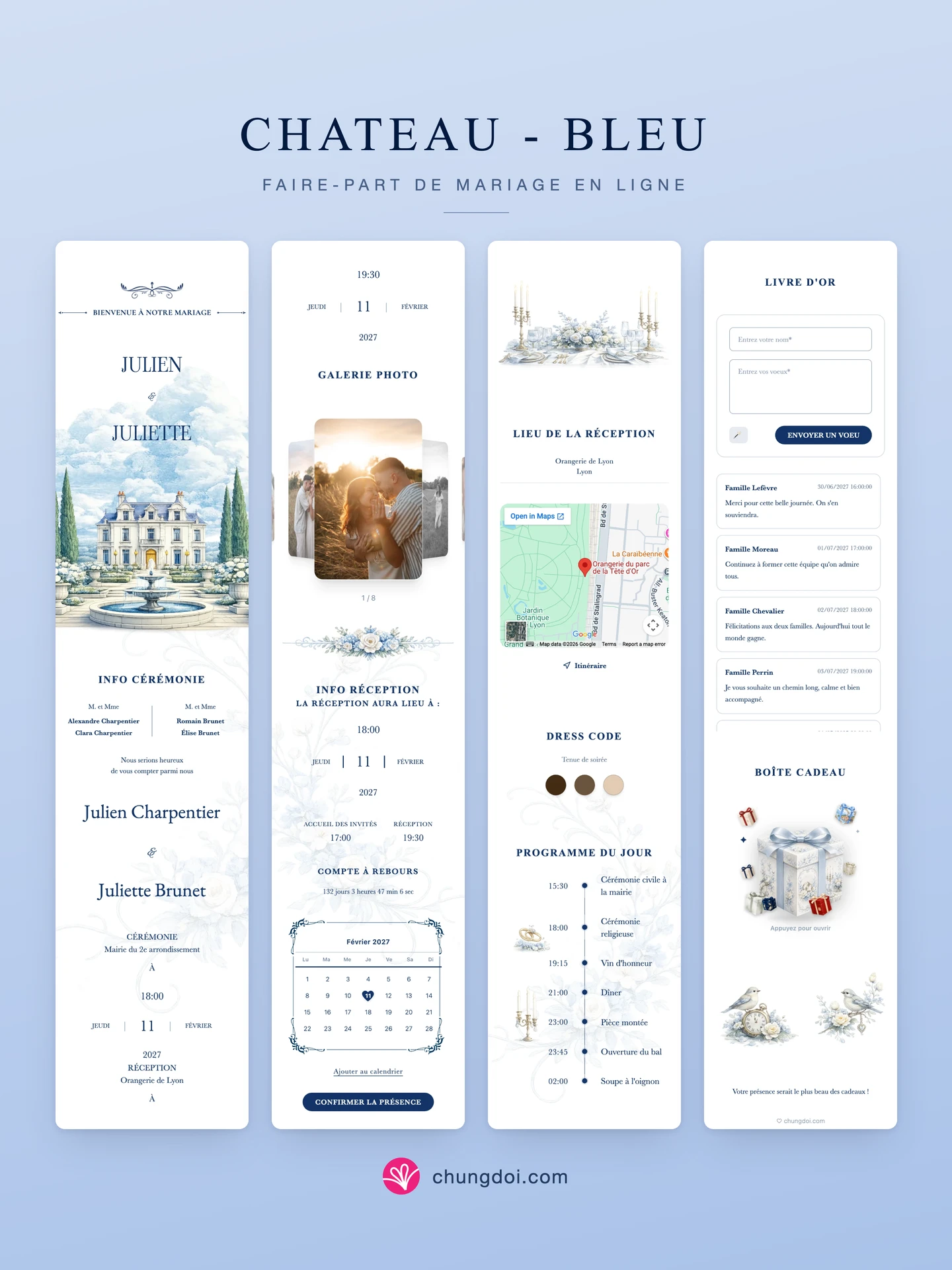 Vue complète du faire-part de mariage Chateau - Bleu : ses trois parties côte à côte