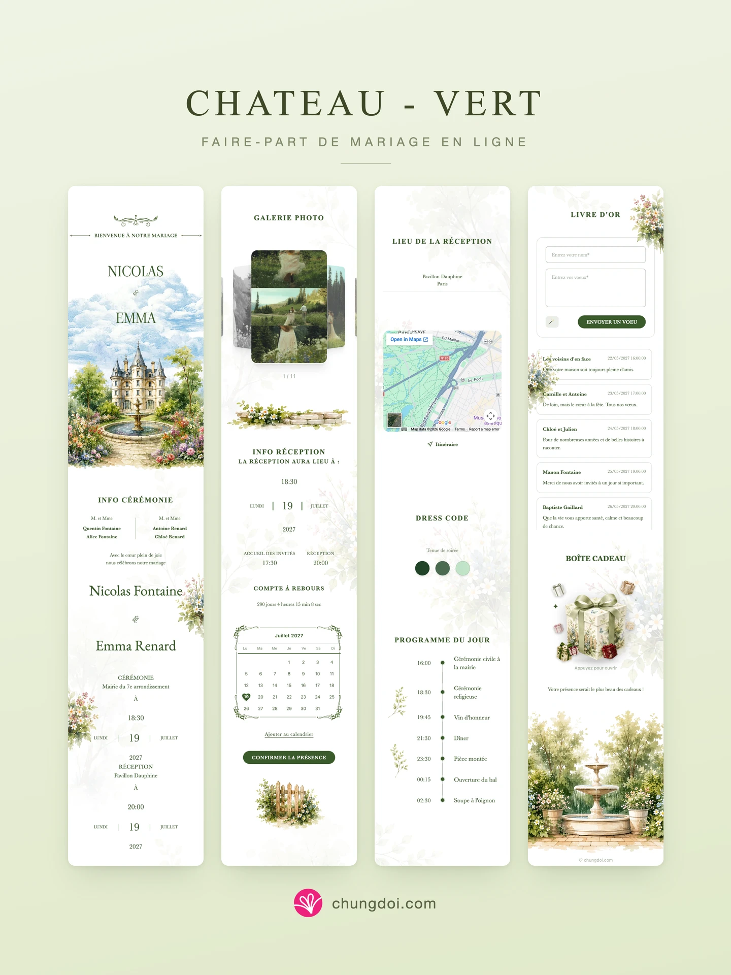 Vue complète du faire-part de mariage Chateau - Vert : ses trois parties côte à côte