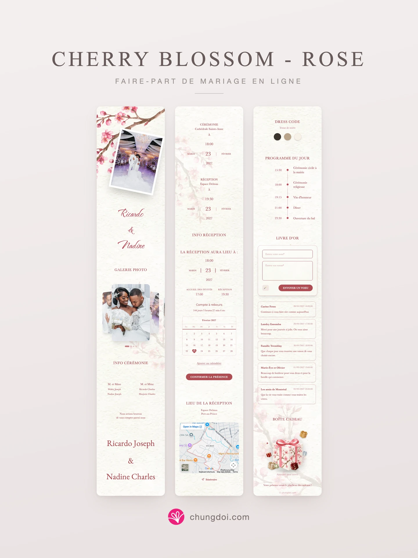Vue complète du faire-part de mariage Cherry Blossom - Rose : ses trois parties côte à côte