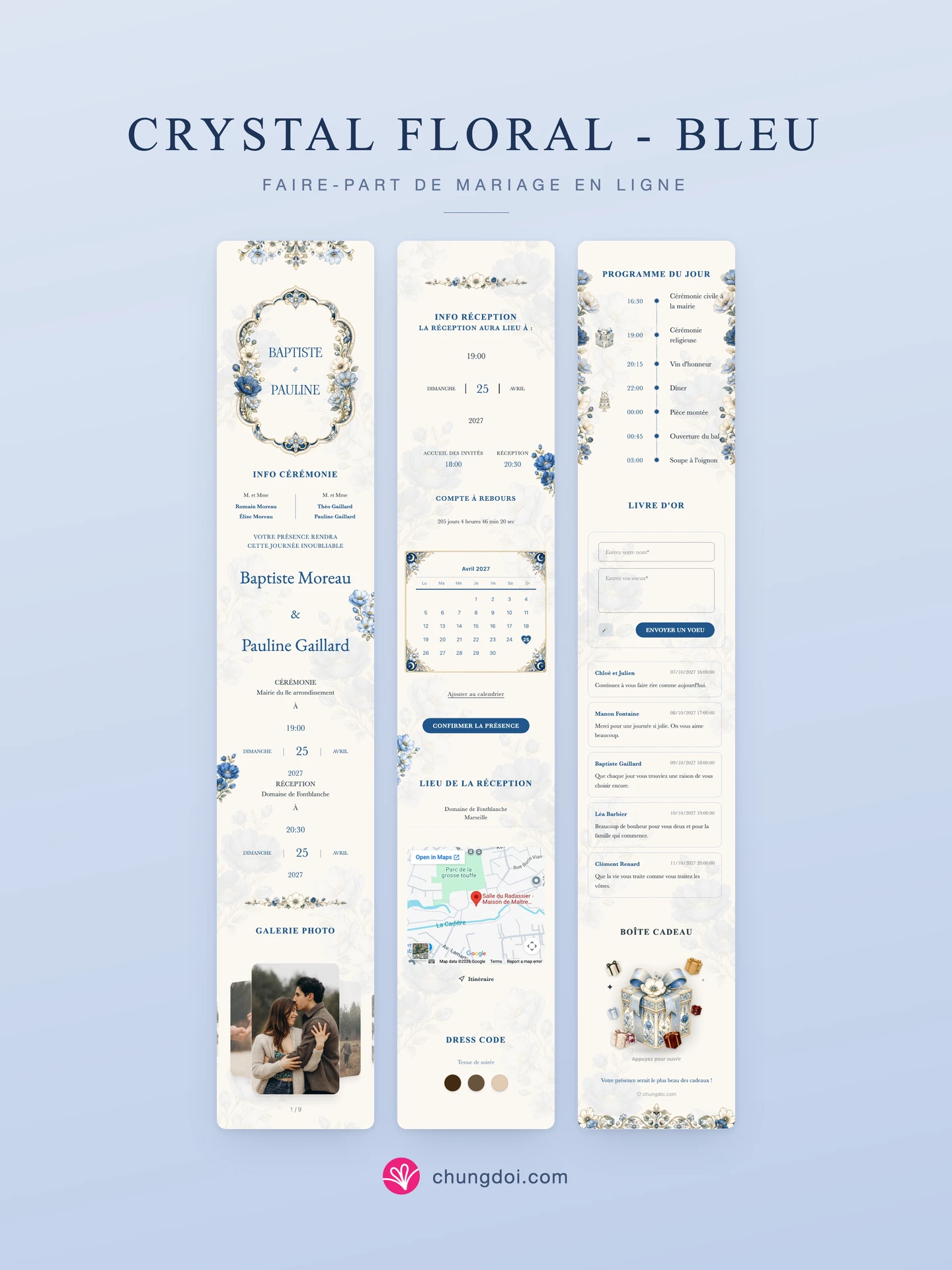 Vue complète du faire-part de mariage Crystal Floral - Bleu : ses trois parties côte à côte
