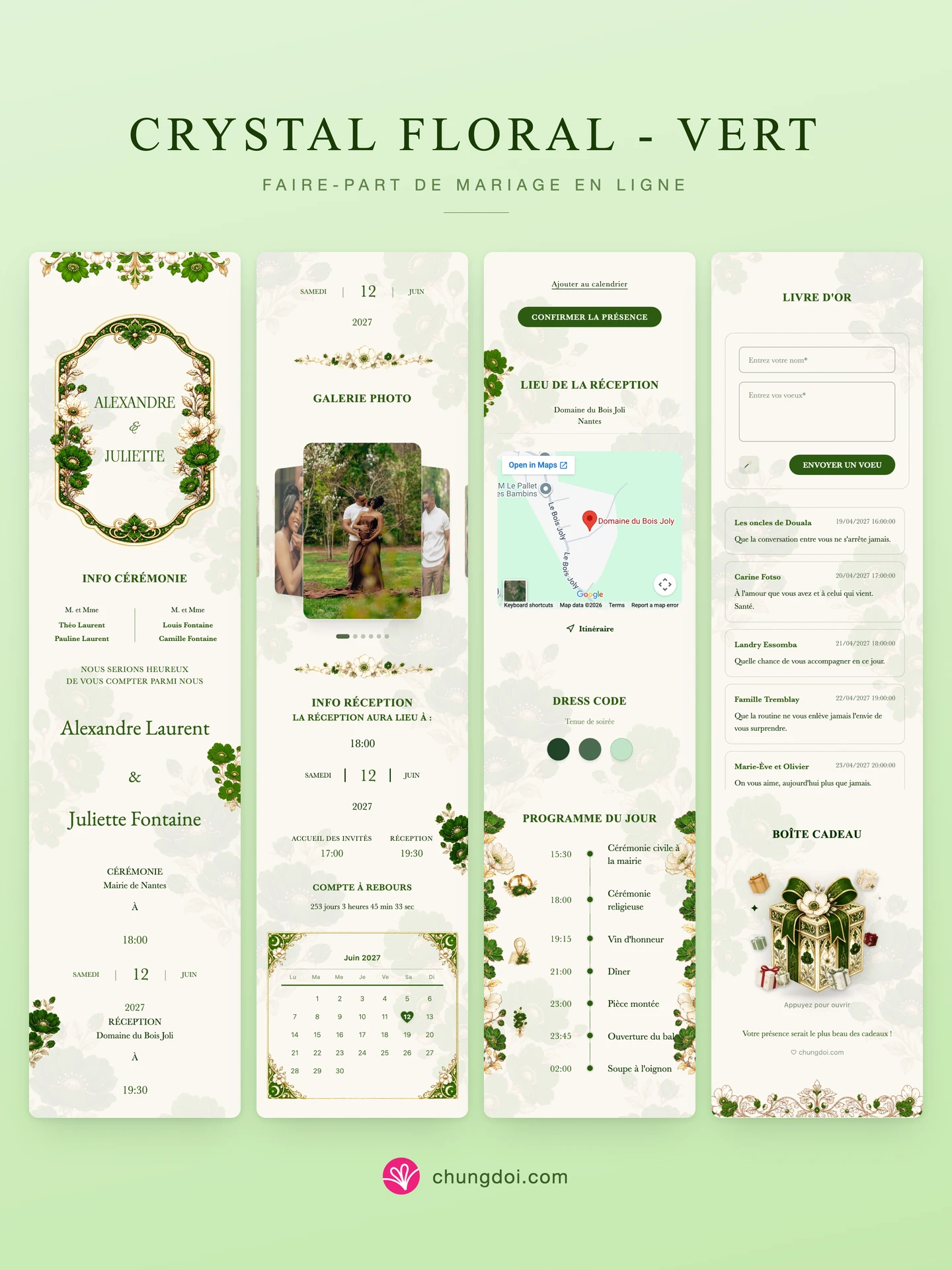 Vue complète du faire-part de mariage Crystal Floral - Vert : ses trois parties côte à côte