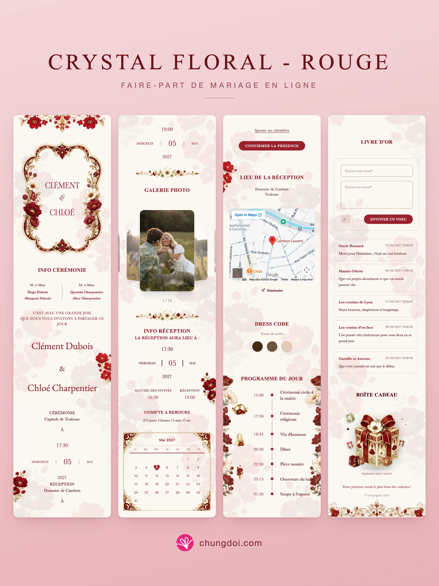 Vue complète du faire-part de mariage Crystal Floral - Rouge : ses trois parties côte à côte