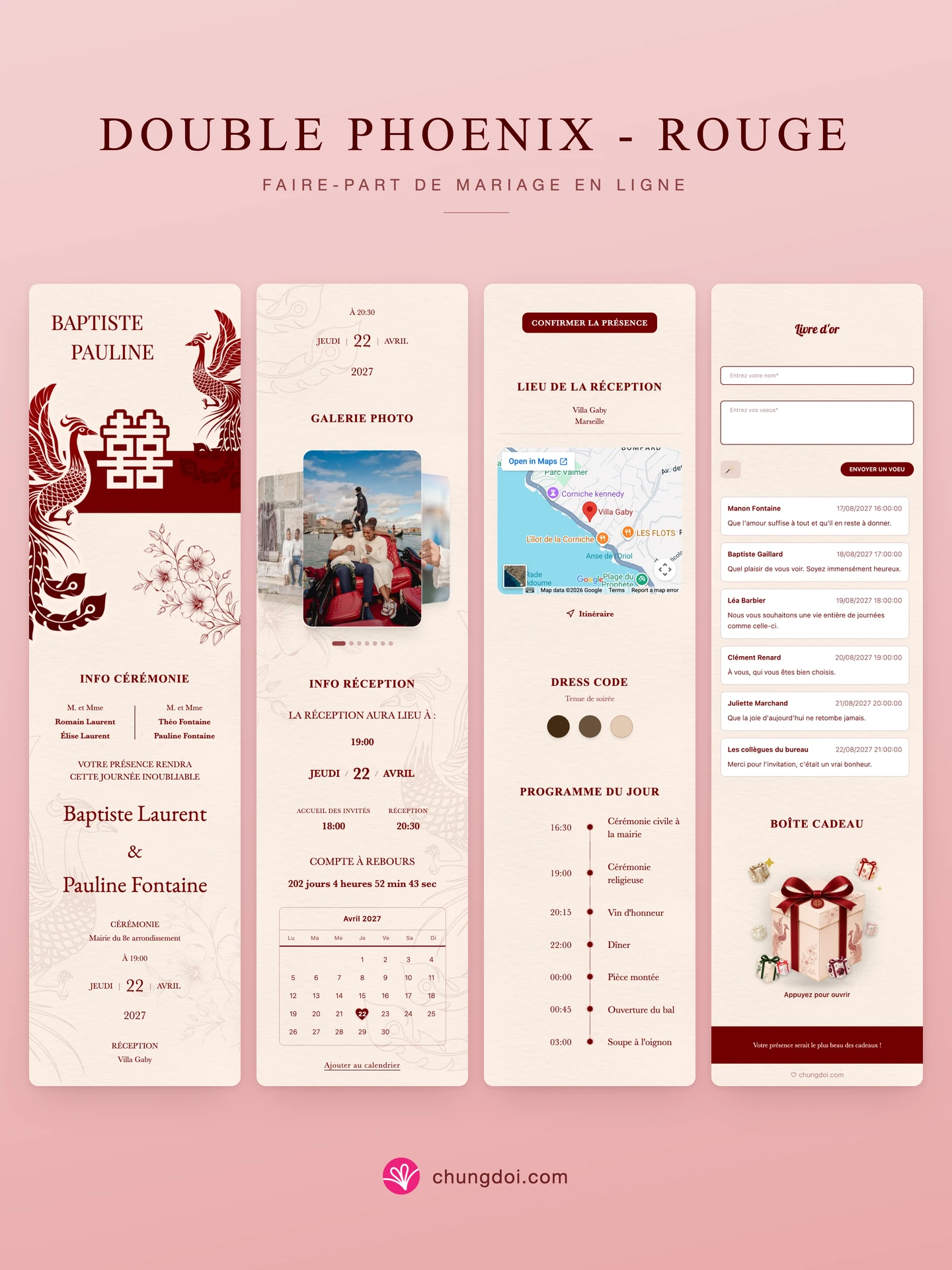 Vue complète du faire-part de mariage Double Phoenix - Rouge : ses trois parties côte à côte