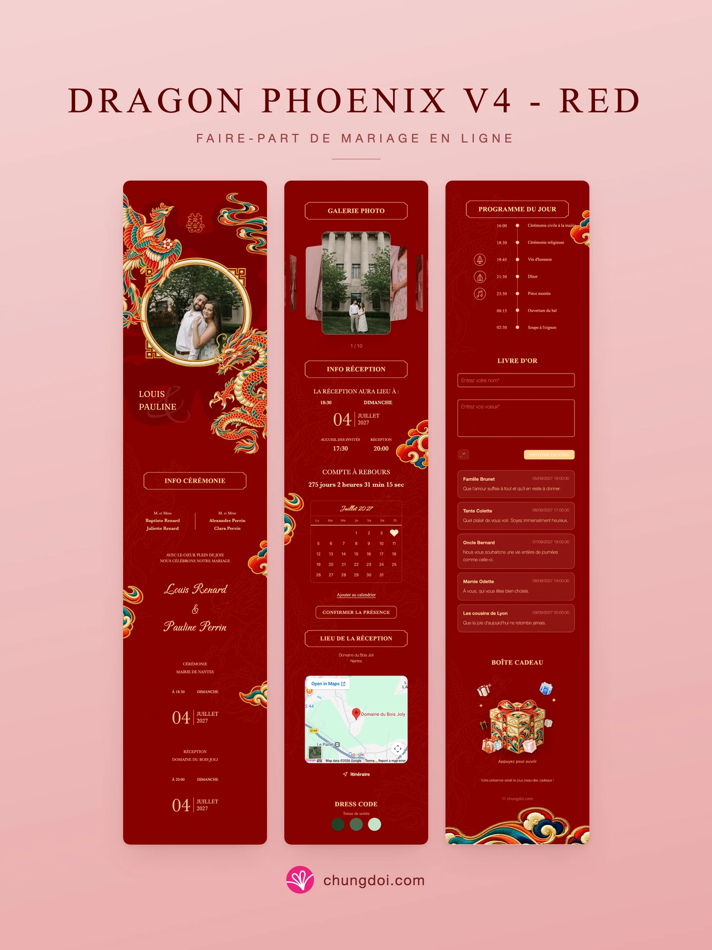 Vue complète du faire-part de mariage Dragon Phoenix V4 - Rouge : ses trois parties côte à côte