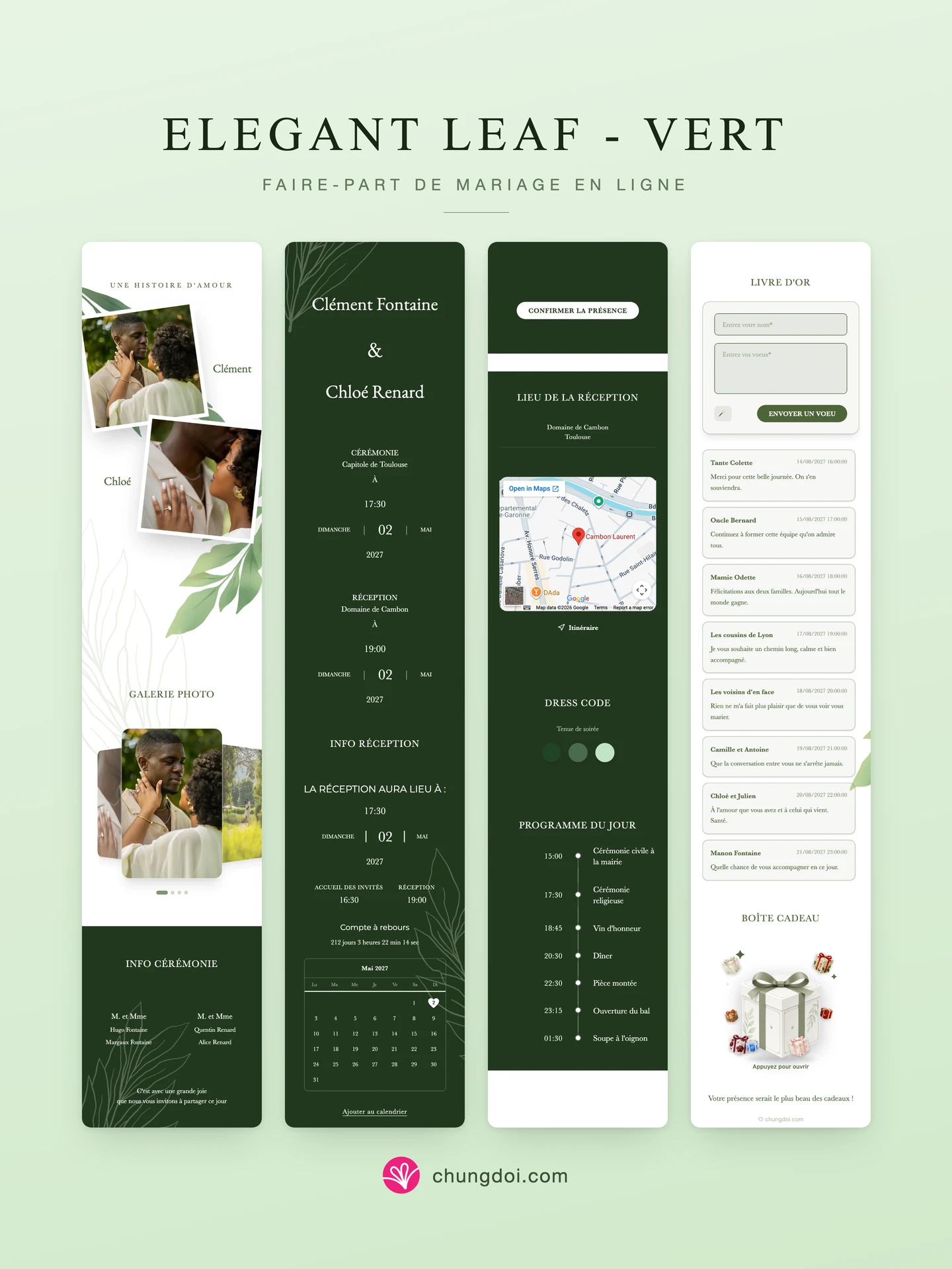 Vue complète du faire-part de mariage Elegant Leaf - Vert : ses trois parties côte à côte