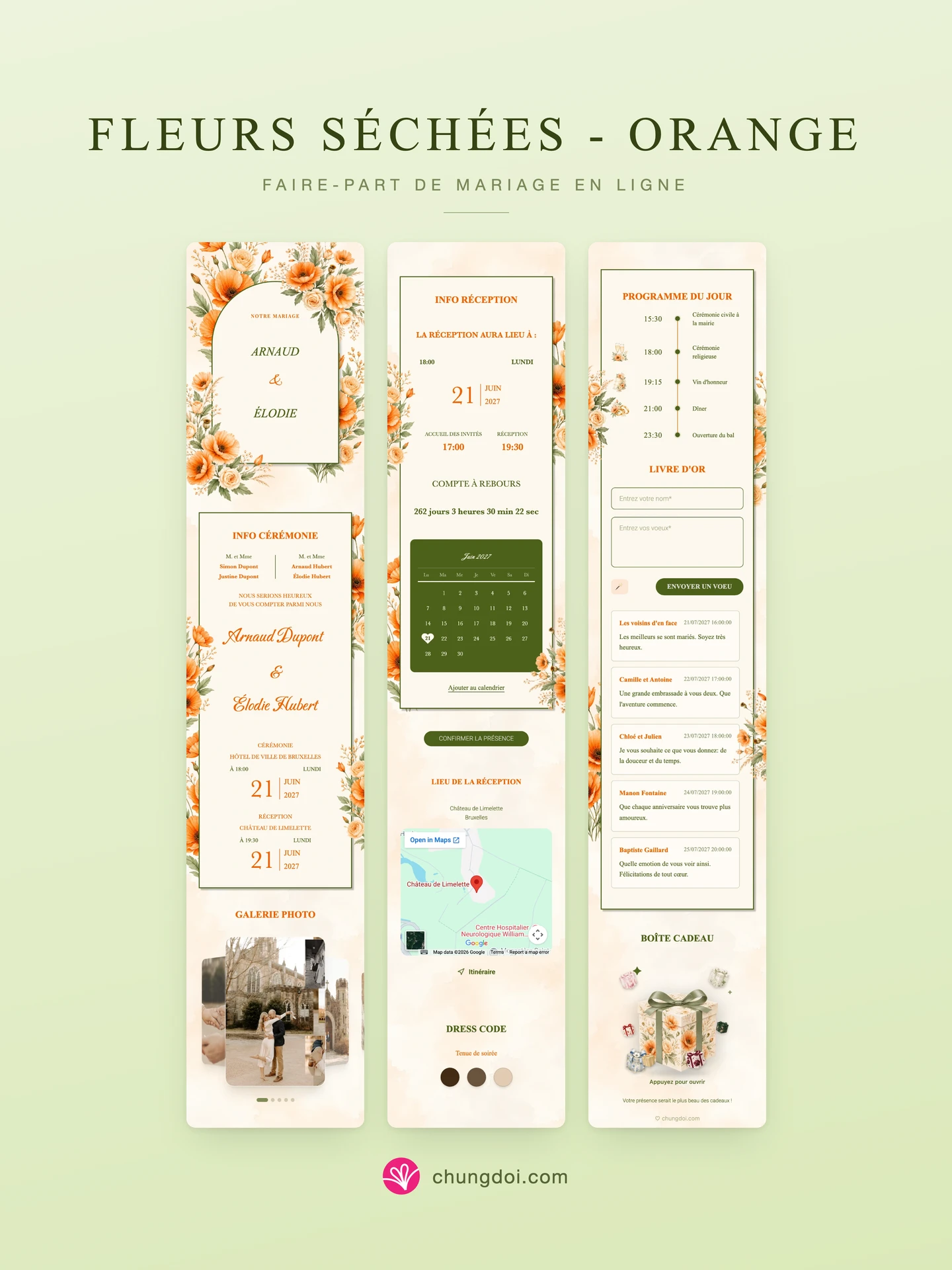Vue complète du faire-part de mariage Fleurs Séchées - Orange : ses trois parties côte à côte