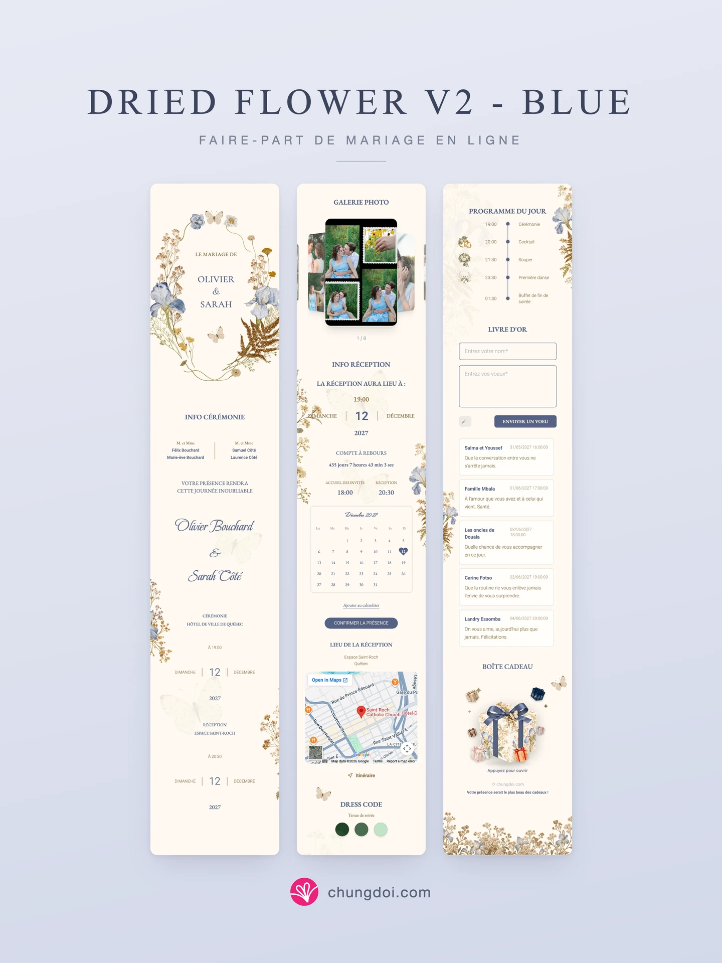 Vue complète du faire-part de mariage Fleurs Séchées V2 - Bleu : ses trois parties côte à côte