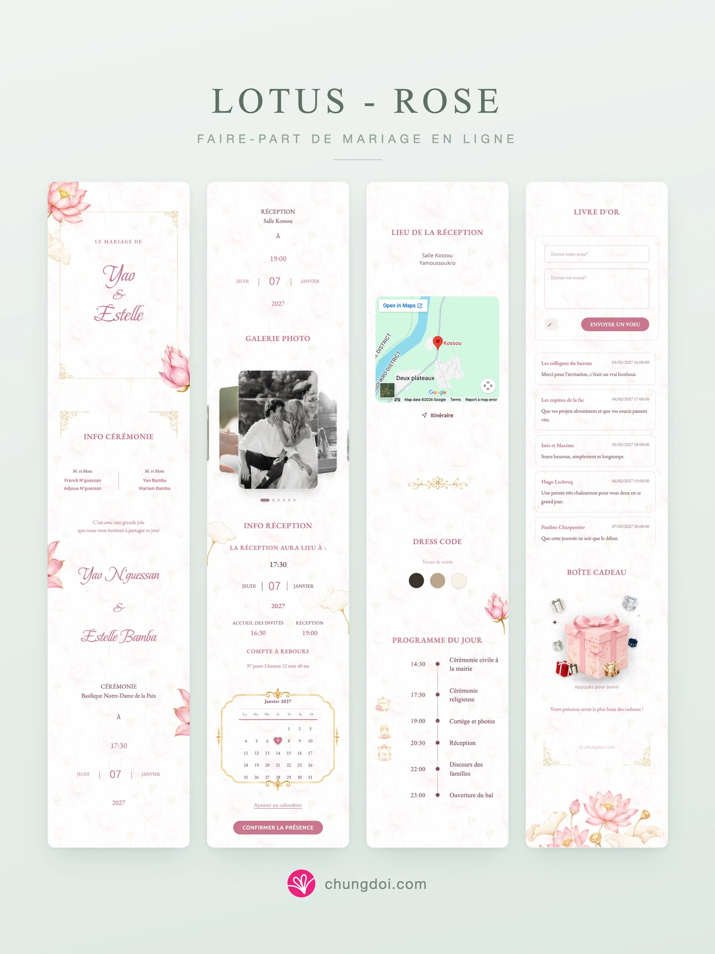 Vue complète du faire-part de mariage Lotus - Rose : ses trois parties côte à côte