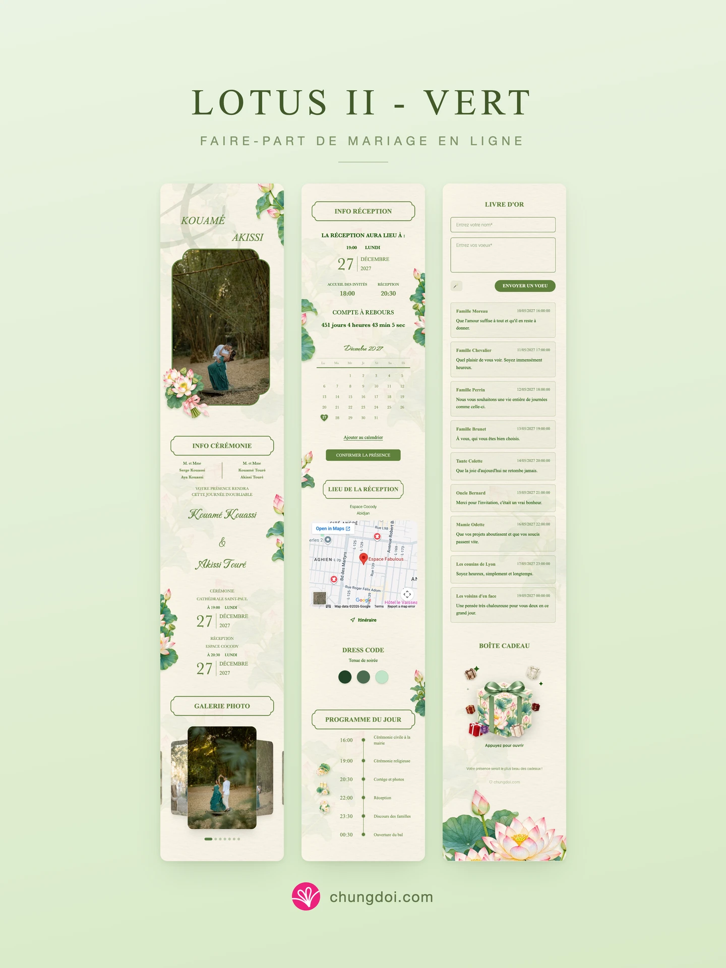Vue complète du faire-part de mariage Lotus II - Vert : ses trois parties côte à côte