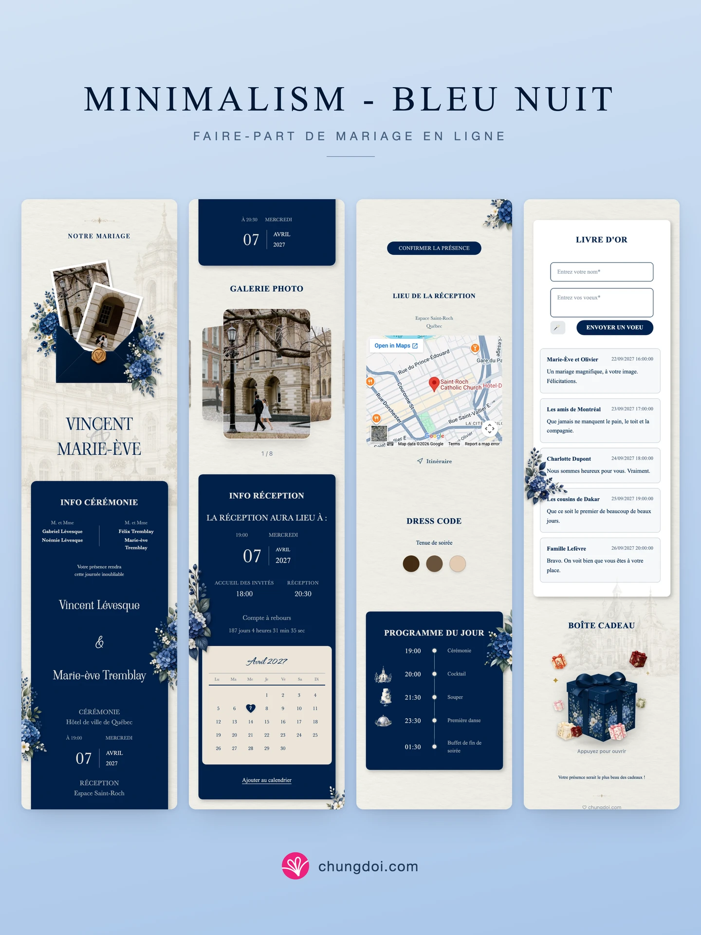 Vue complète du faire-part de mariage Minimalism - Bleu Nuit : ses trois parties côte à côte