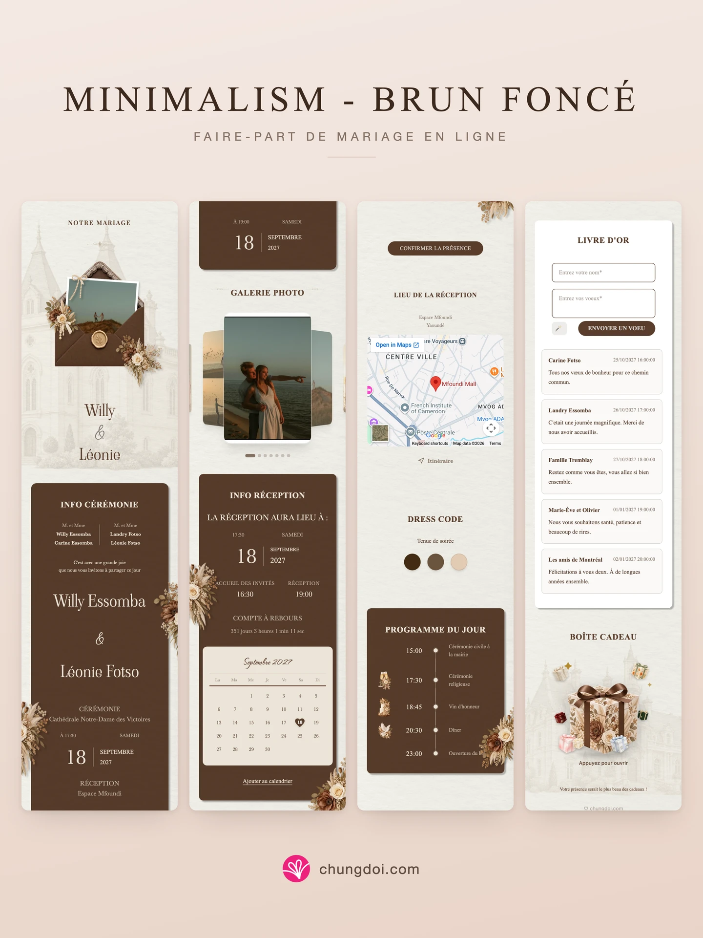 Vue complète du faire-part de mariage Minimalism - Brun Foncé : ses trois parties côte à côte