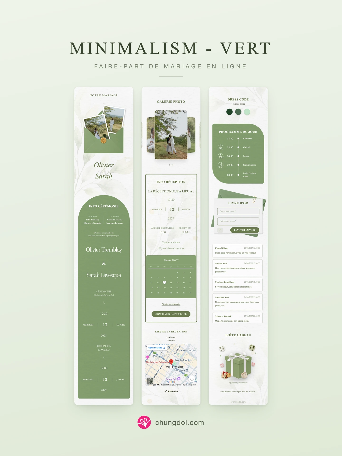 Vue complète du faire-part de mariage Minimalism - Vert : ses trois parties côte à côte
