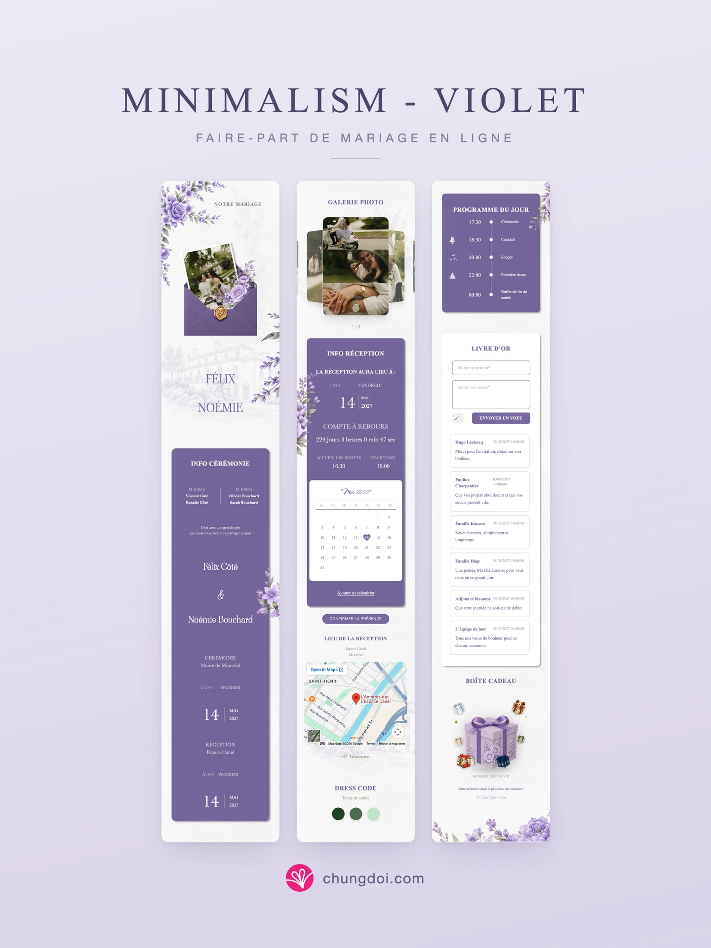 Vue complète du faire-part de mariage Minimalism - Violet : ses trois parties côte à côte