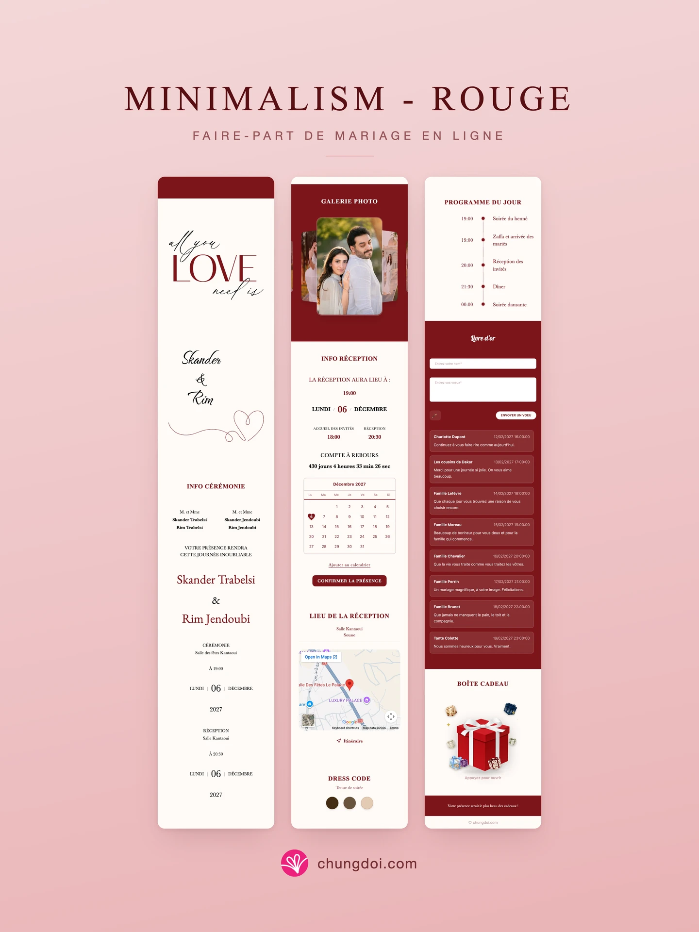 Vue complète du faire-part de mariage Minimalism - Rouge : ses trois parties côte à côte