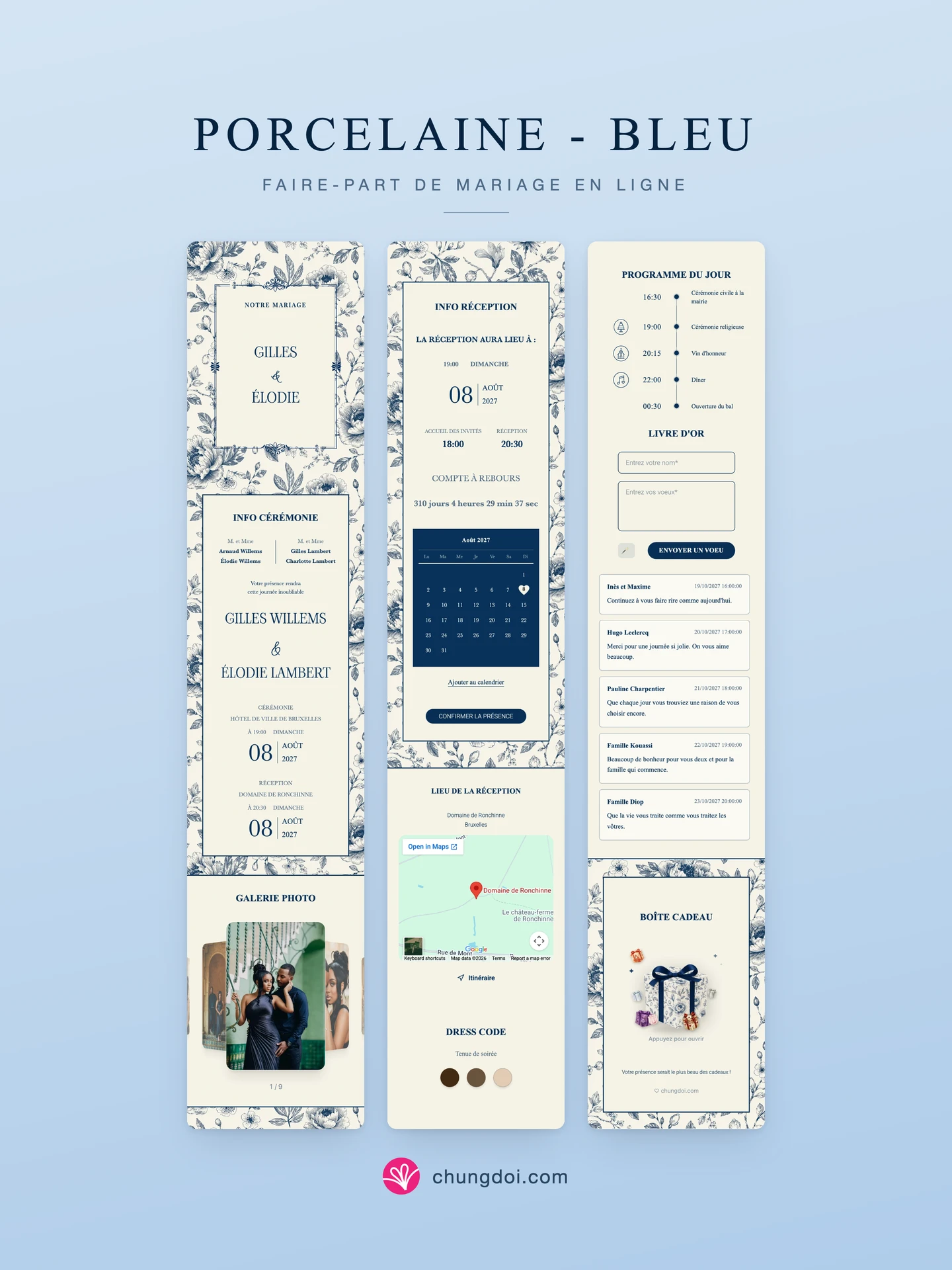 Vue complète du faire-part de mariage Porcelaine - Bleu : ses trois parties côte à côte