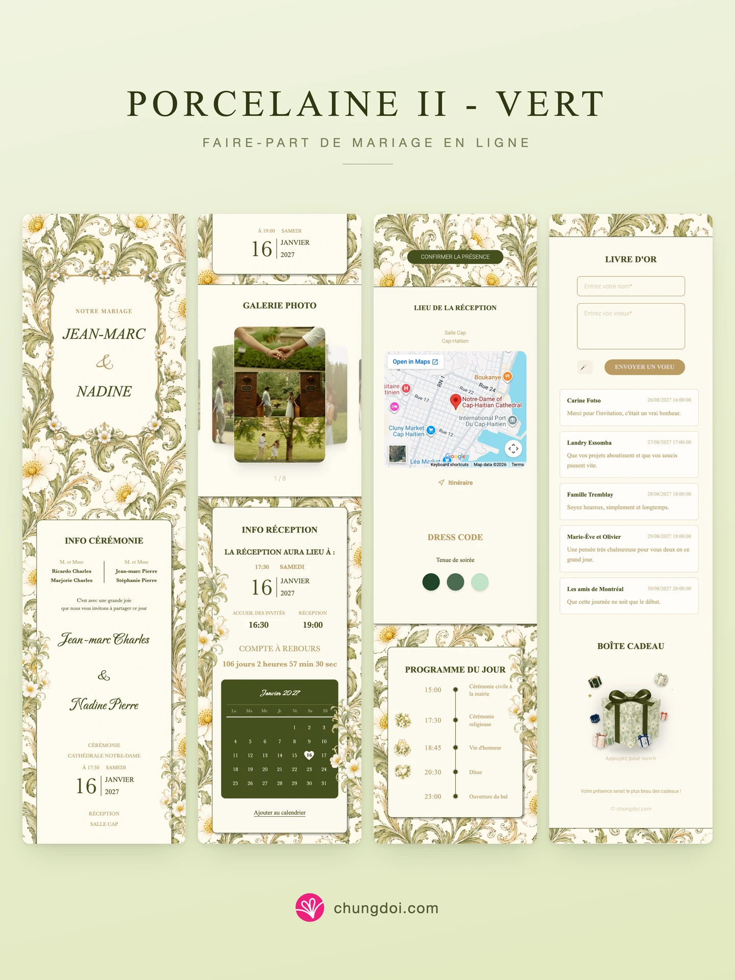 Vue complète du faire-part de mariage Porcelaine II - Vert : ses trois parties côte à côte