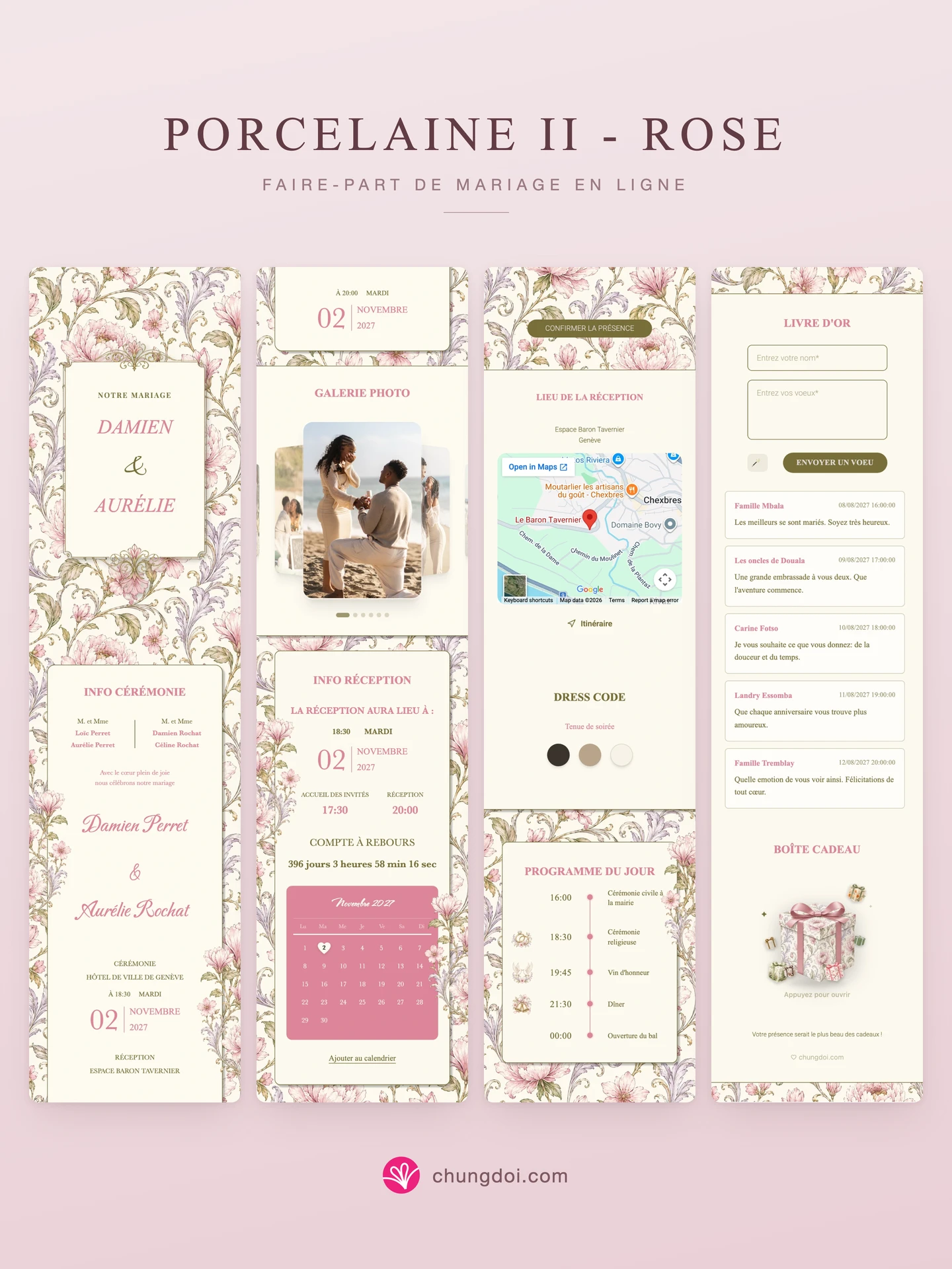 Vue complète du faire-part de mariage Porcelaine II - Rose : ses trois parties côte à côte