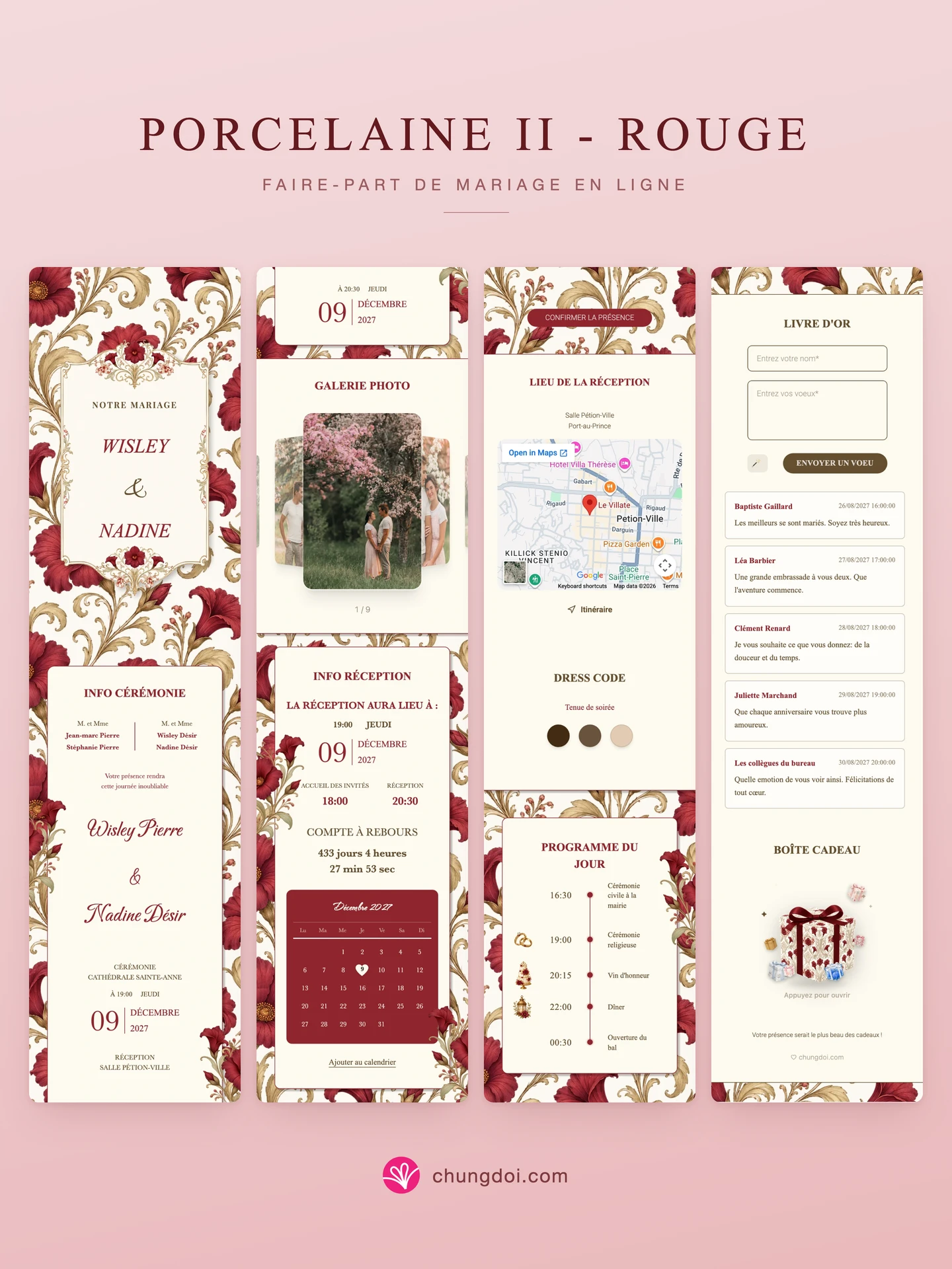 Vue complète du faire-part de mariage Porcelaine II - Rouge : ses trois parties côte à côte