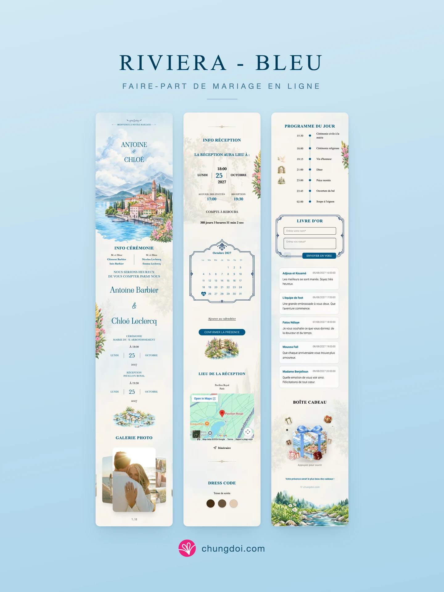 Vue complète du faire-part de mariage Riviera - Bleu : ses trois parties côte à côte