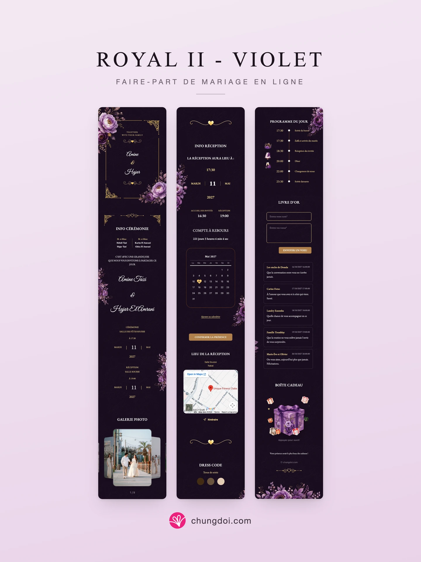 Vue complète du faire-part de mariage Royal II - Violet : ses trois parties côte à côte