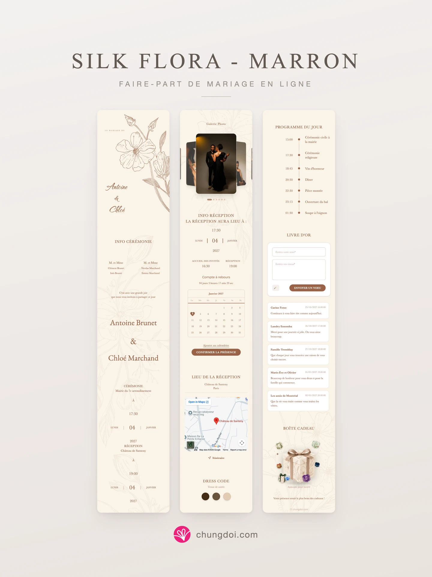 Vue complète du faire-part de mariage Silk Flora - Marron : ses trois parties côte à côte