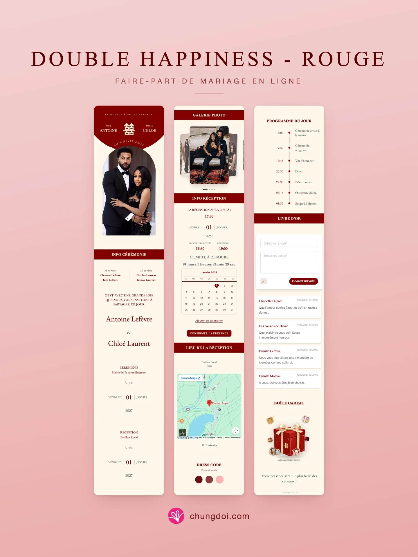 Vue complète du faire-part de mariage Double Happiness - Rouge : ses trois parties côte à côte