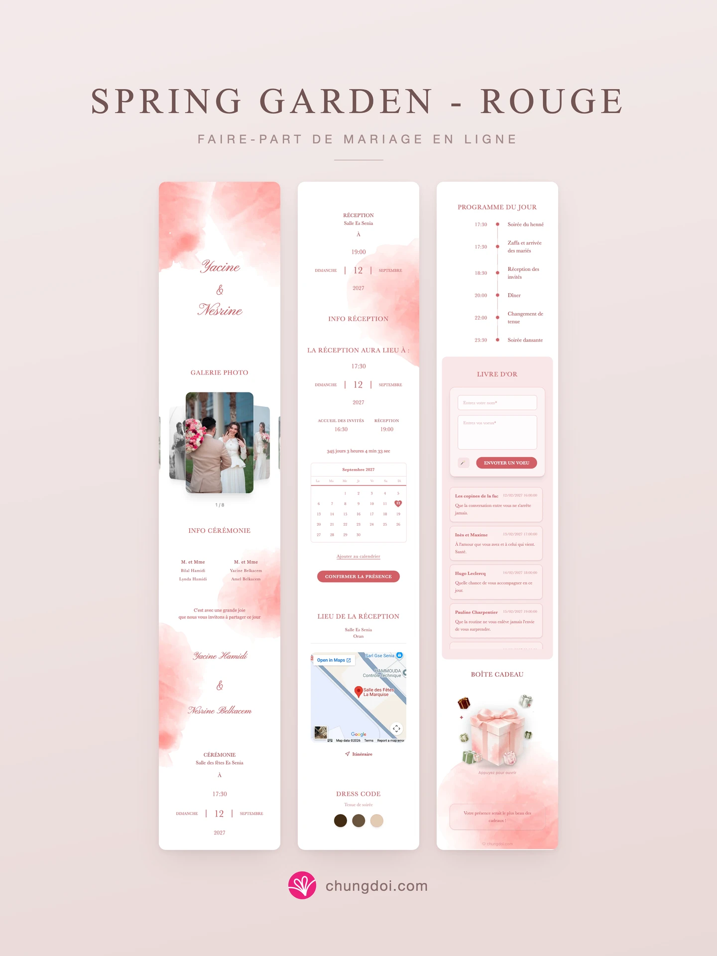 Vue complète du faire-part de mariage Spring Garden - Rouge : ses trois parties côte à côte