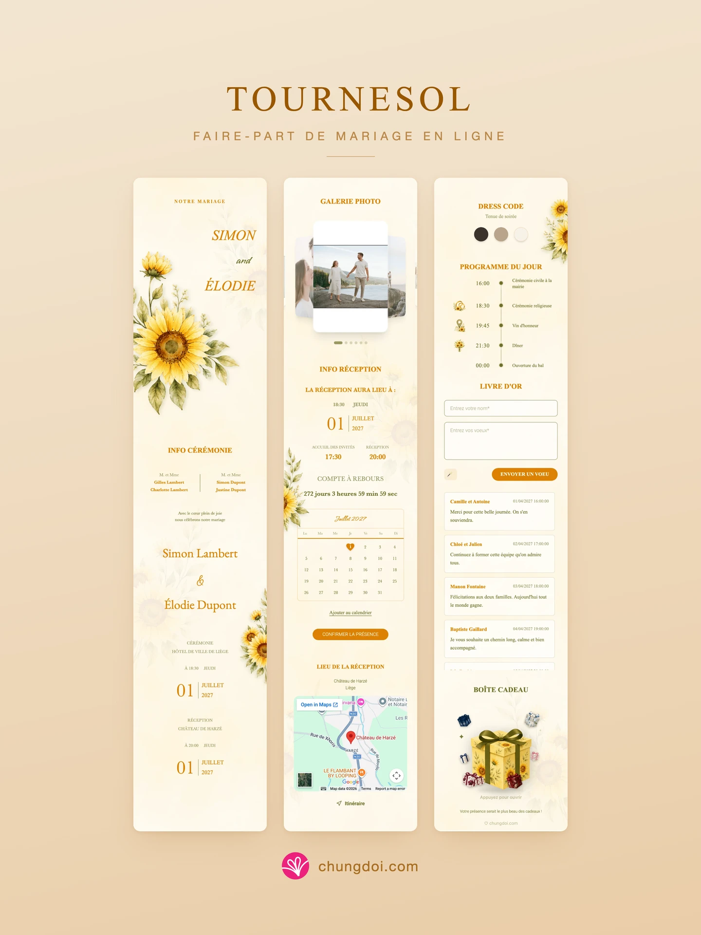 Vue complète du faire-part de mariage Tournesol : ses trois parties côte à côte