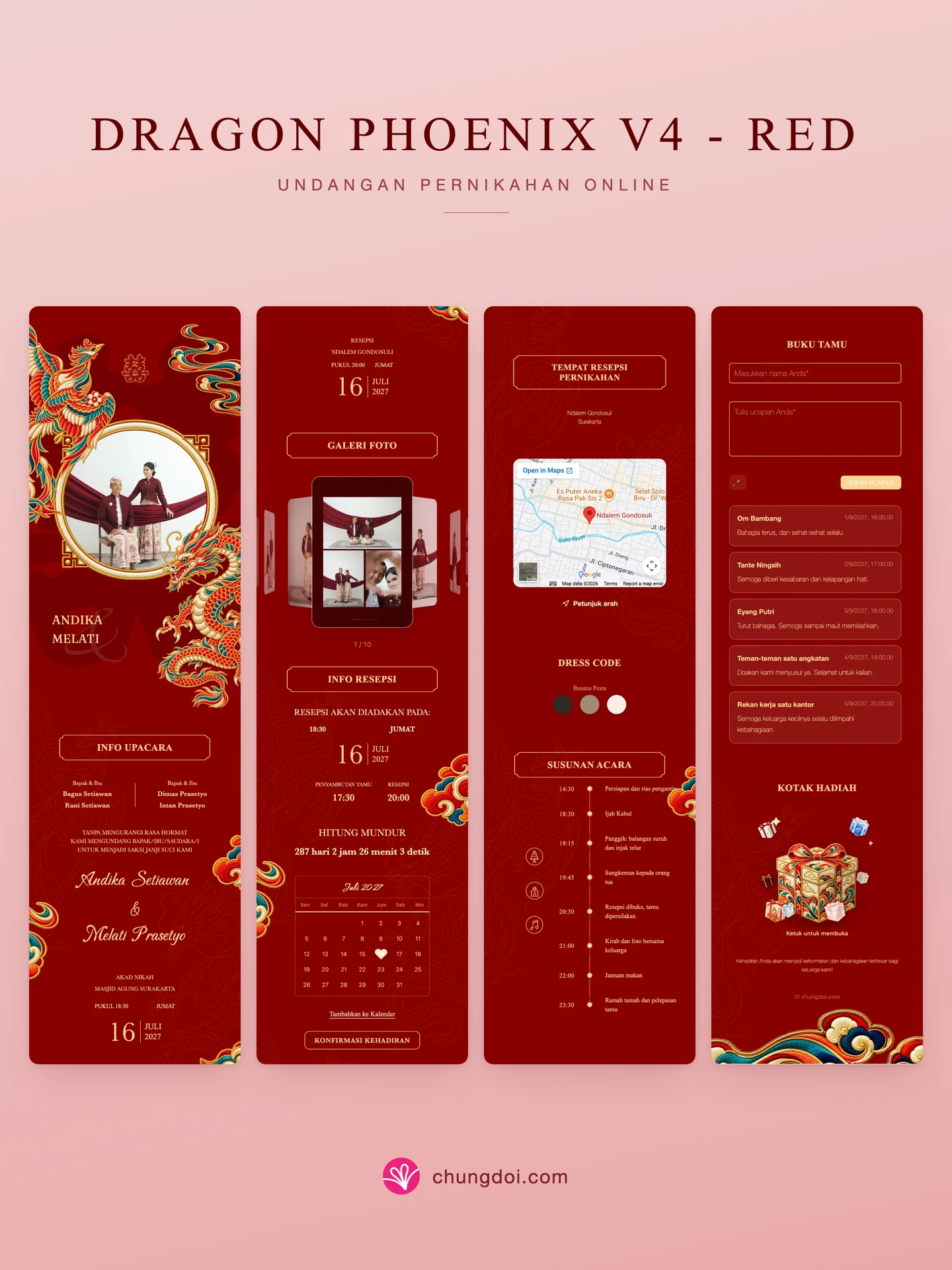 Tampilan lengkap undangan pernikahan Dragon Phoenix V4 - Merah: tiga bagiannya berdampingan