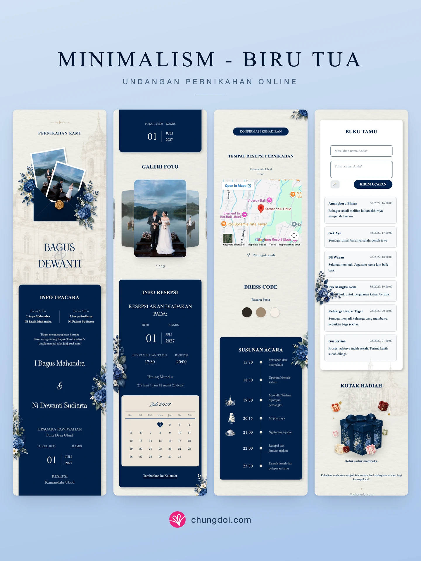 Tampilan lengkap undangan pernikahan Minimalism - Biru Tua: tiga bagiannya berdampingan