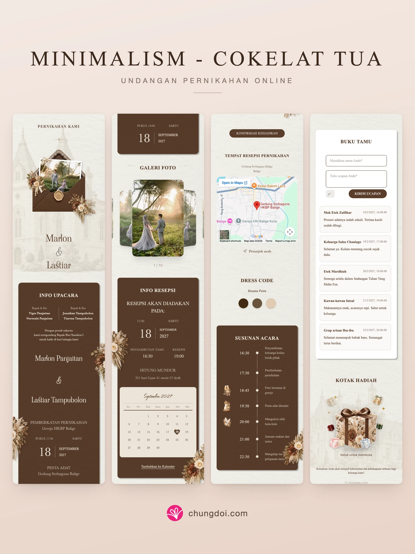 Tampilan lengkap undangan pernikahan Minimalism - Cokelat Tua: tiga bagiannya berdampingan