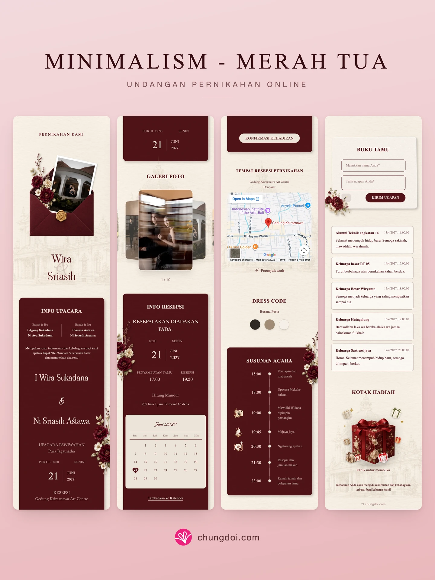 Tampilan lengkap undangan pernikahan Minimalism - Merah Tua: tiga bagiannya berdampingan