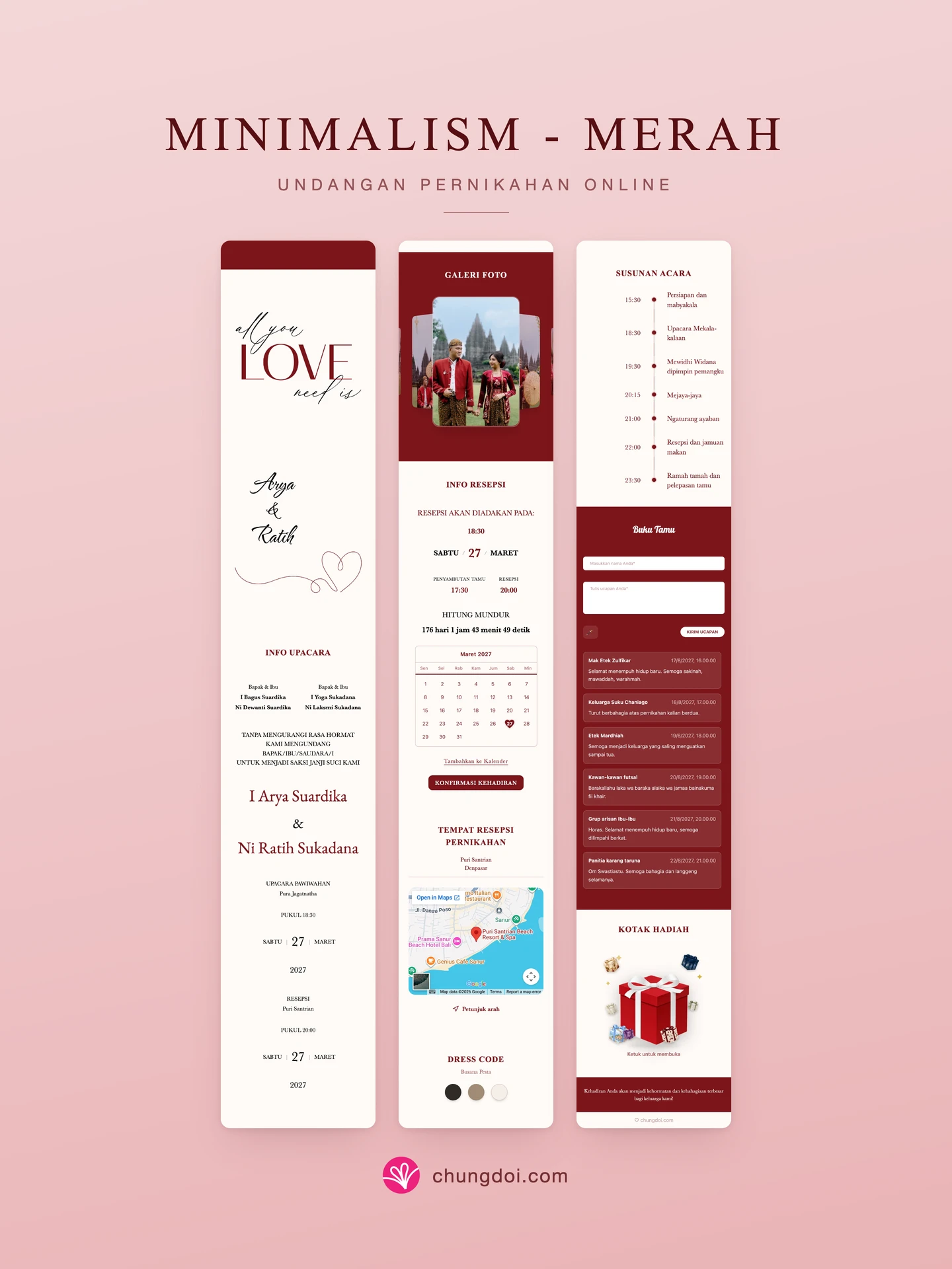 Tampilan lengkap undangan pernikahan Minimalism - Merah: tiga bagiannya berdampingan