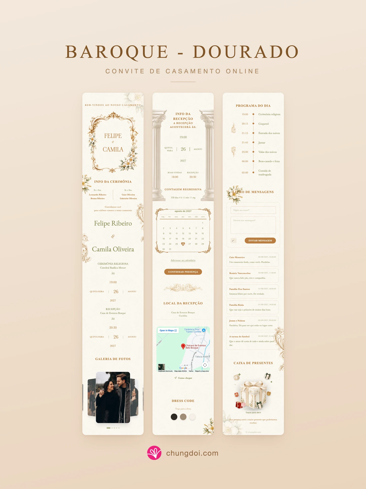 Visão completa do convite de casamento Baroque - Dourado: as três partes lado a lado