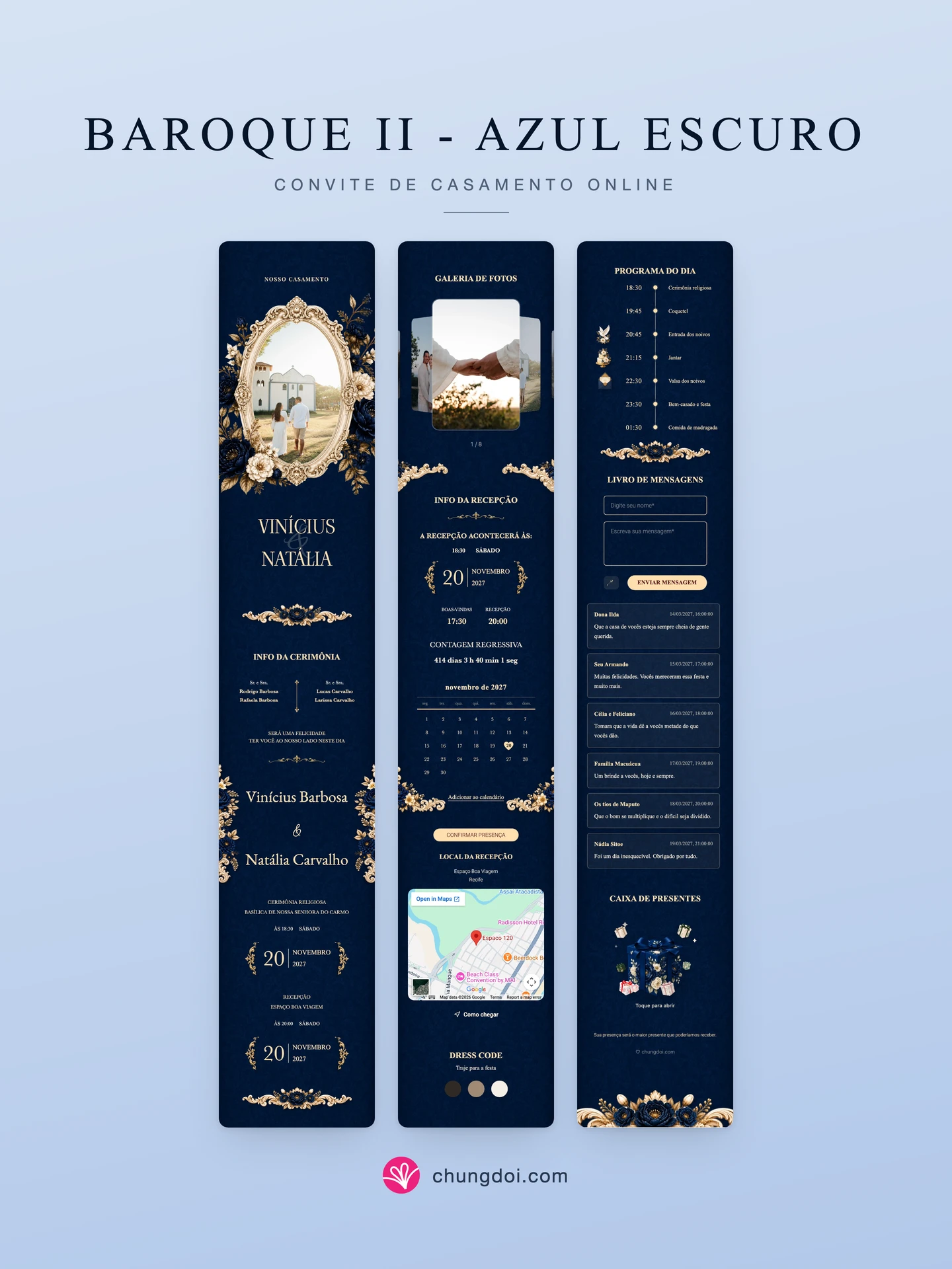 Visão completa do convite de casamento Baroque II - Azul Escuro: as três partes lado a lado