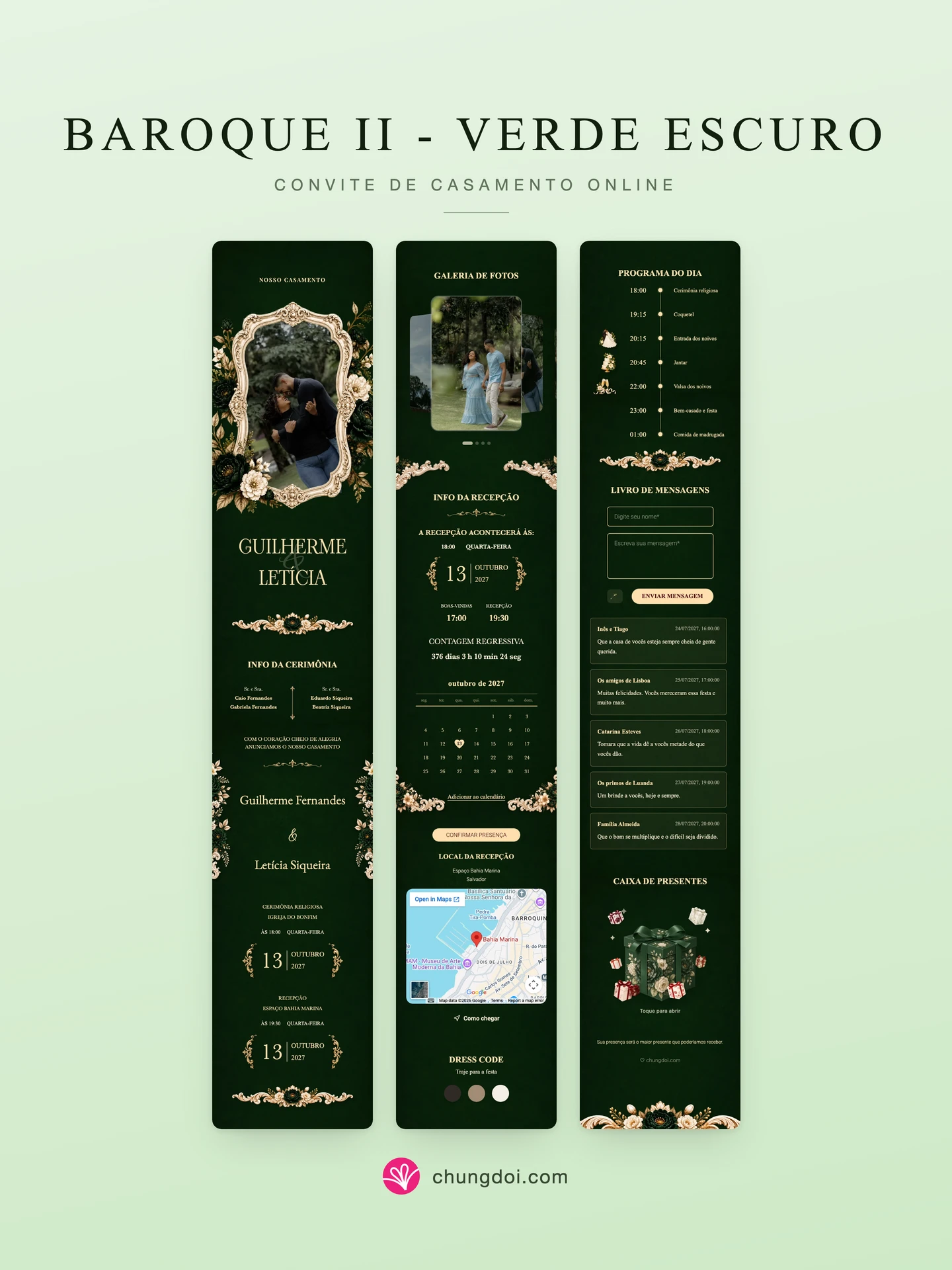 Visão completa do convite de casamento Baroque II - Verde Escuro: as três partes lado a lado