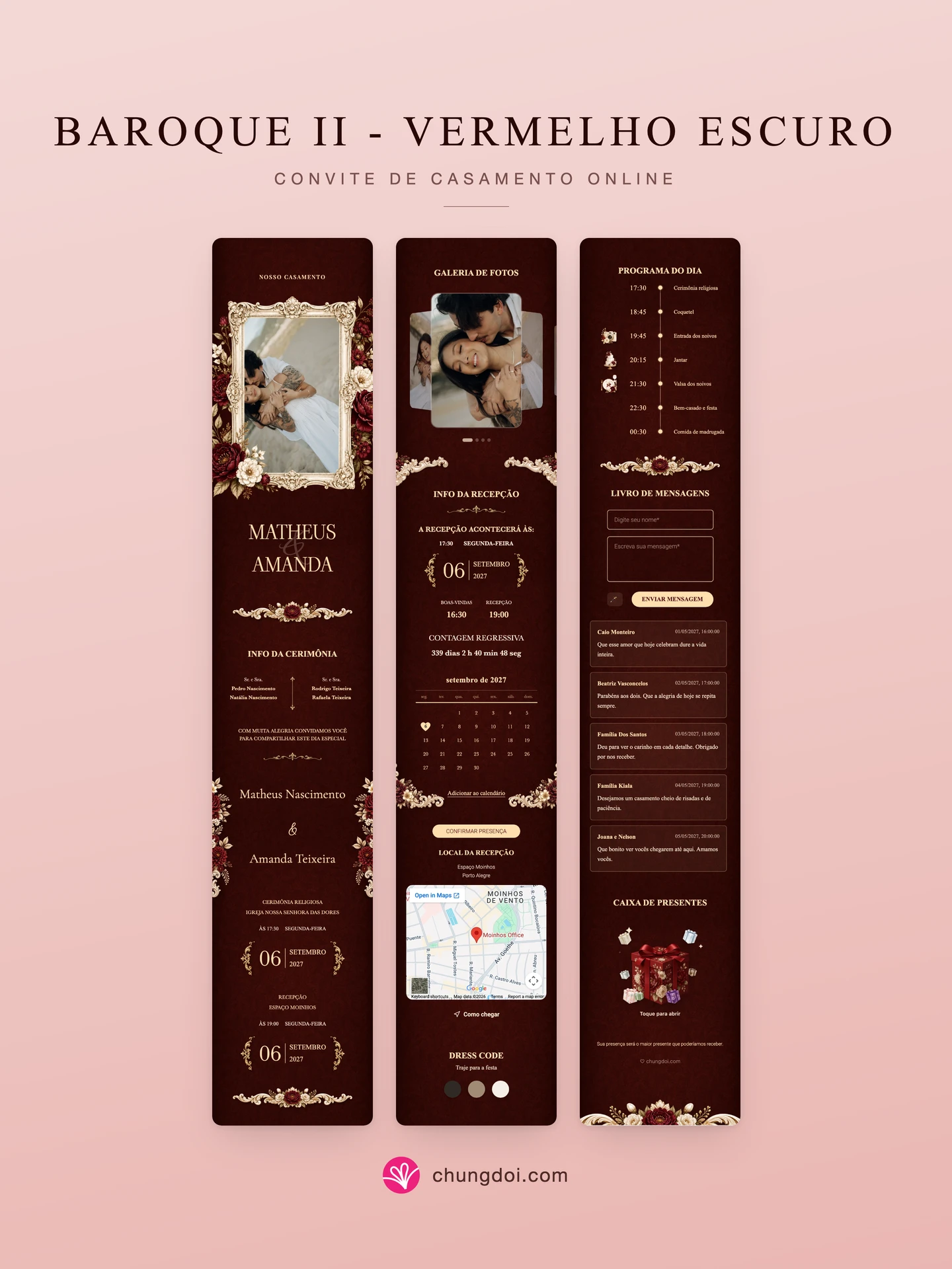 Visão completa do convite de casamento Baroque II - Vermelho Escuro: as três partes lado a lado